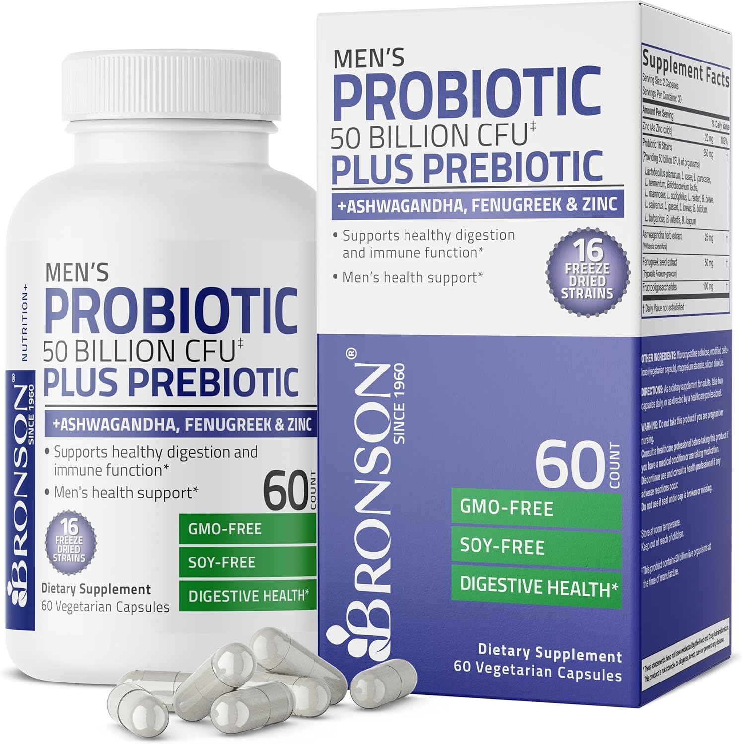 Bronson Men’s Probiotic 50 Billion CFU Plus Prebiotic with Ashwagandha, Fenugreek & Zinc, Supports Healthy Digestion & Immune Function Non-GMO, 60 Vegetarian Capsules