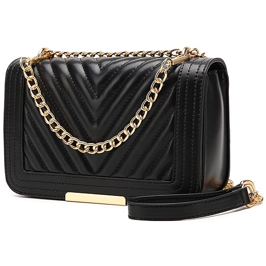 lola mae Crossbody Bags for Women Fashion Quilted Shoulder purse with Convertible Chain Strap Classic Satchel Handbag (Black-LM715)