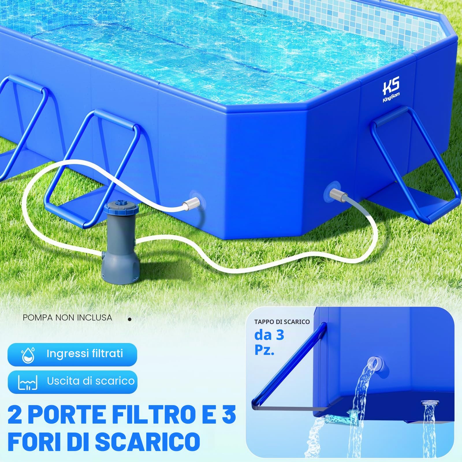 KingSom Piscina Fuori Terra Rectangular,Piscina Fuori Terra Pieghevole,Sovradimensionato Addensato, Piscina da Esterno Grande,Facile da Montare,Piscina Giardino Adulti,Piscina Frame, 300 x 185 x 51 cm