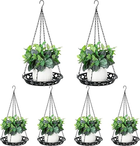 Enhon Paquete de 6 macetas colgantes de metal, colgador de plantas de 12 pulgadas para interiores y exteriores, elegante estante decorativo negro
