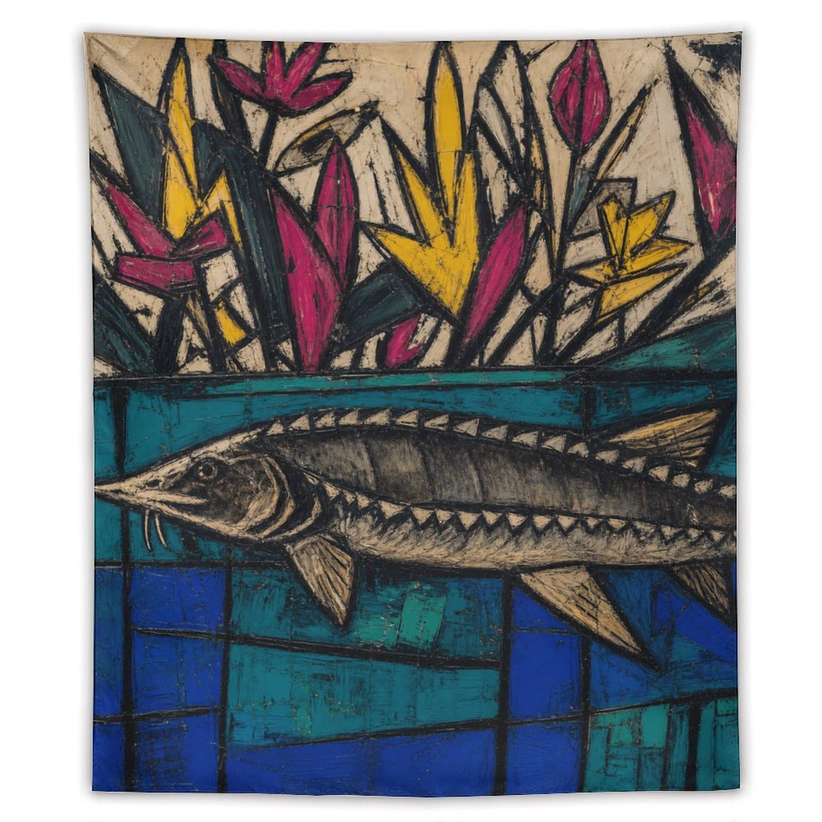 W7C8U2X3 Stained Glass Sturgeon Wall Tapestry, Stained Glass Style, Office