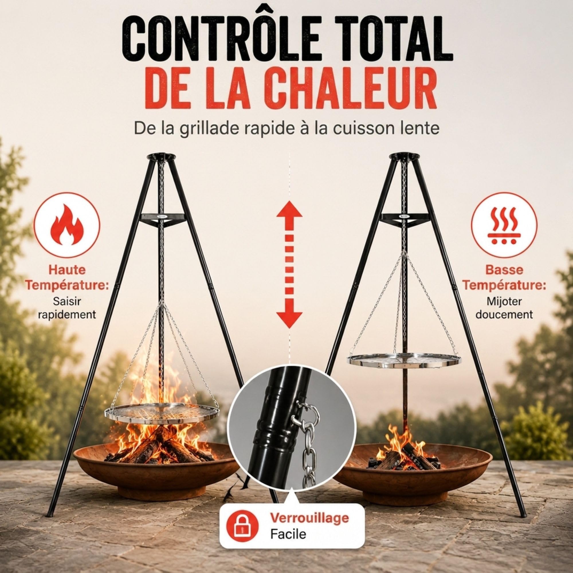 HEAT Trépied Barbecue Suspendu - Barbecue Pivotant avec Grille Ø 65 cm