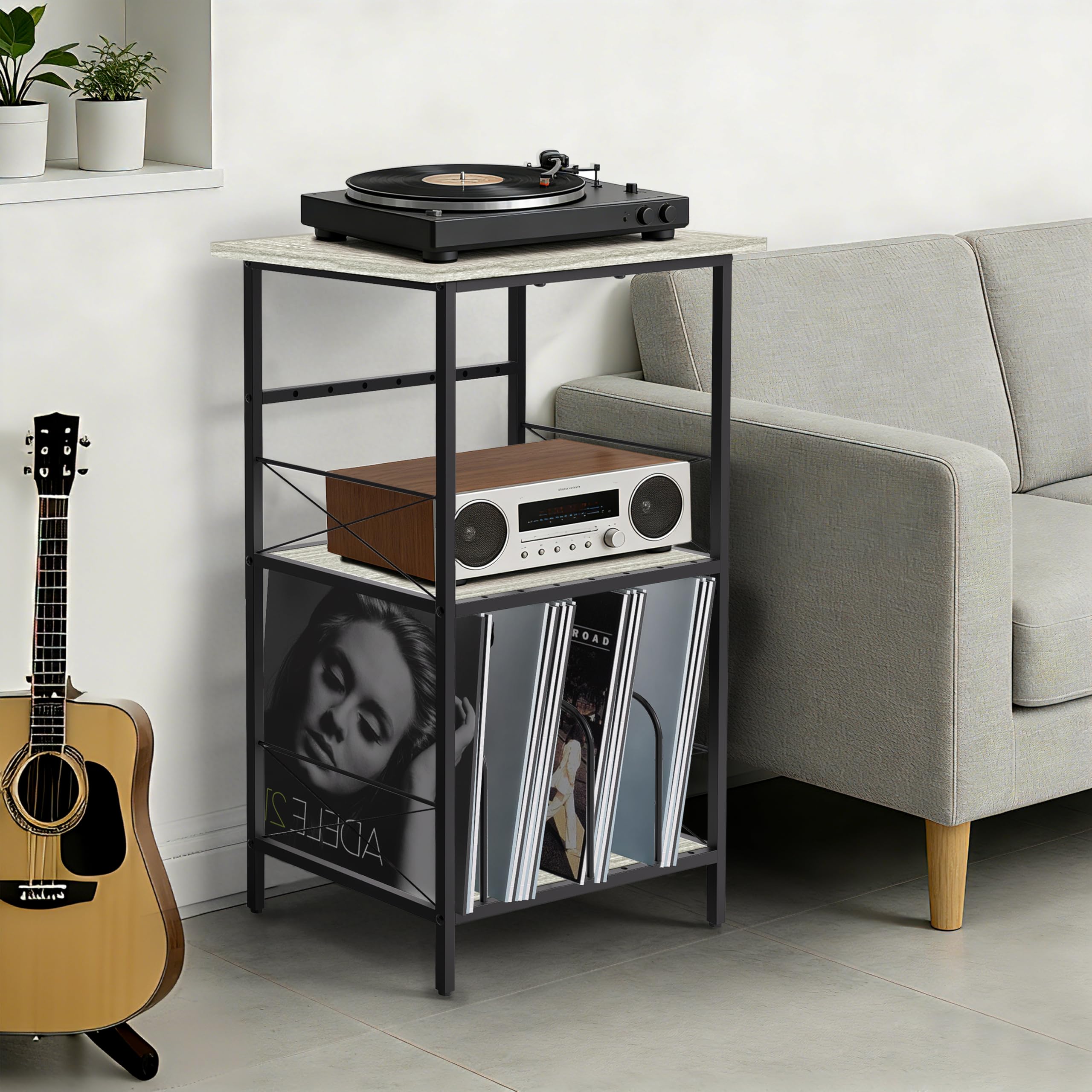 Soporte para tocadiscos con 4 separadores ajustables, mesa auxiliar de 3 capas, almacenamiento de discos de vinilo con capacidad para 200 LPs, mesa multifuncional para el hogar, color