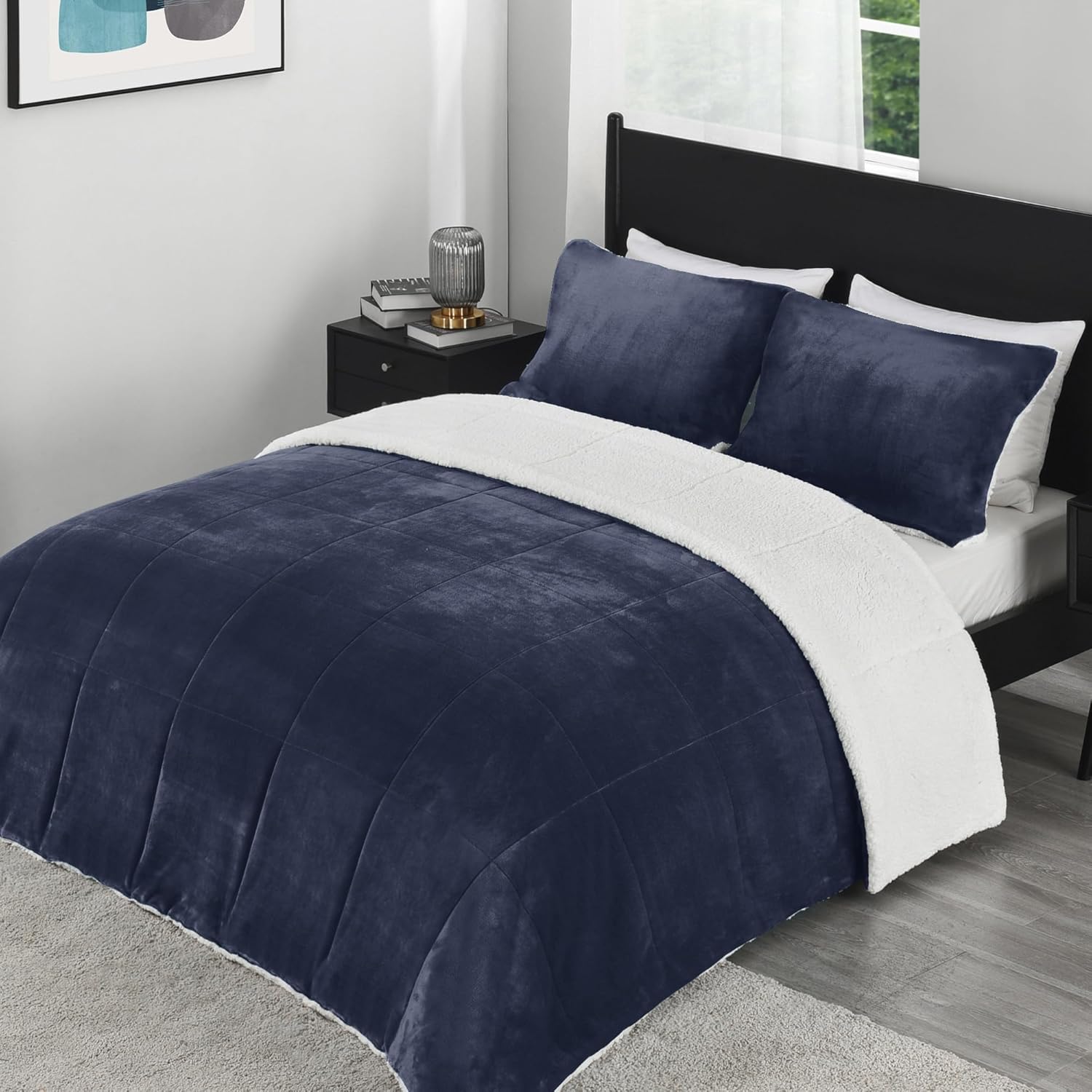 downluxe Ultra-Soft Micromink Sherpa King Size Comforter Set with 2 Pillow Shams - 3-Piece Set - Navy - Plush Warm Fall Winter Blanket & Bedding Comforter Sets