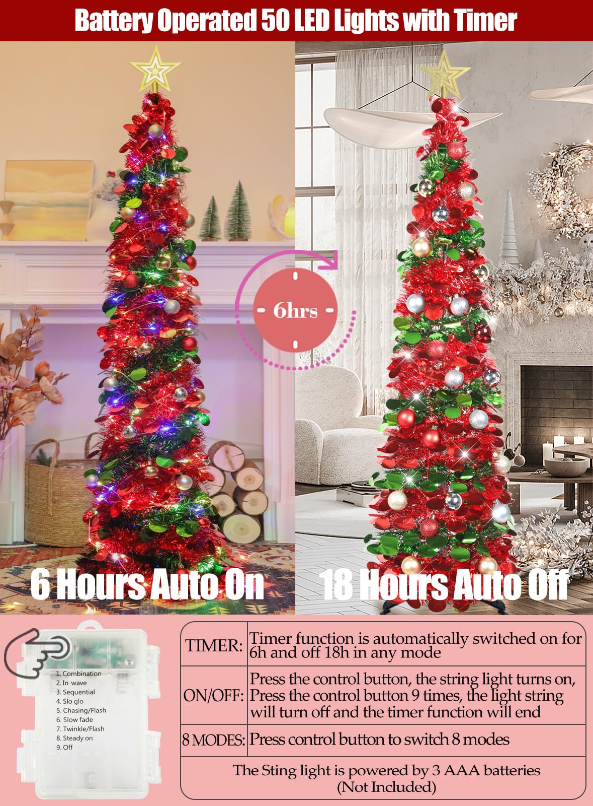 Árbol de Navidad desplegable de 5 pies con luces de temporizador y decoraciones, árbol de Navidad de oropel rojo y verde con 24 adornos de bolas, árbol de Navidad plegable para el hogar,