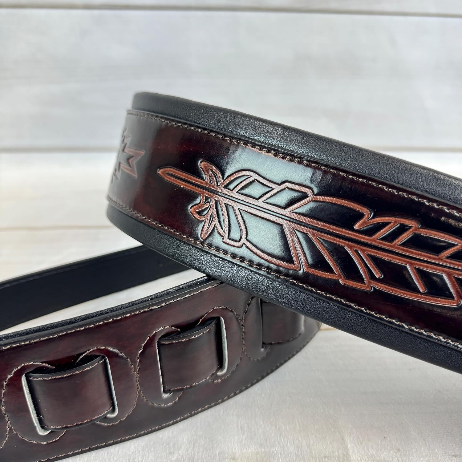 Walker & Williams GB-134 Oxblood Brown Native American Feather Padded Guitar Strap For Acoustic, Electric, And Bass Guitars