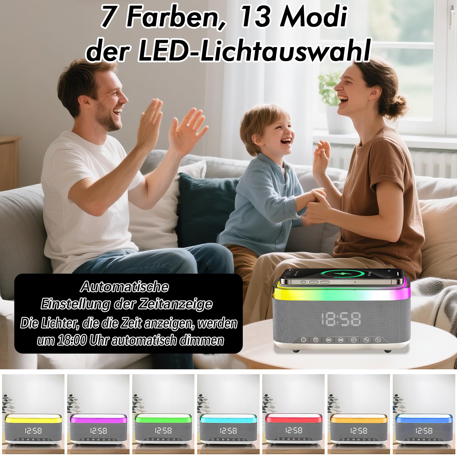 Radio wecker Digital mit Ladestation, 15W Fast Wireless Charger, Digitaler Radiowecker mit Bluetooth Lautsprecher, 13 LED-Leuchten, USB-Kabelloser Ladegerät, FM-Radio, Smart Wecker mit ladefunktion