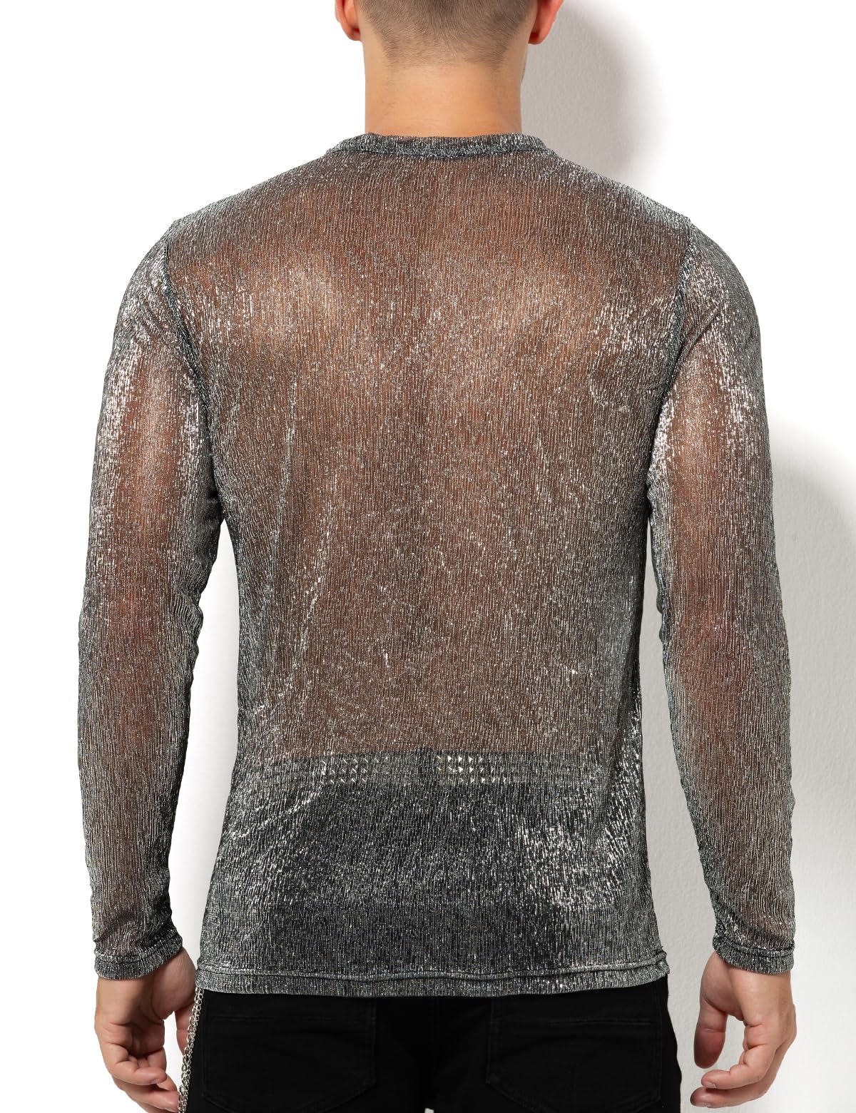 Casey Kevin Camiseta Transparentes Manga Larga Hombre Brillo Lentejuelas Rejilla Camisa Fiesta Plateada Brillante Ropa Sexy Top Fiesta Discoteca Punk Nocturno Jazz Rock Hip Hop Dance Clubwear