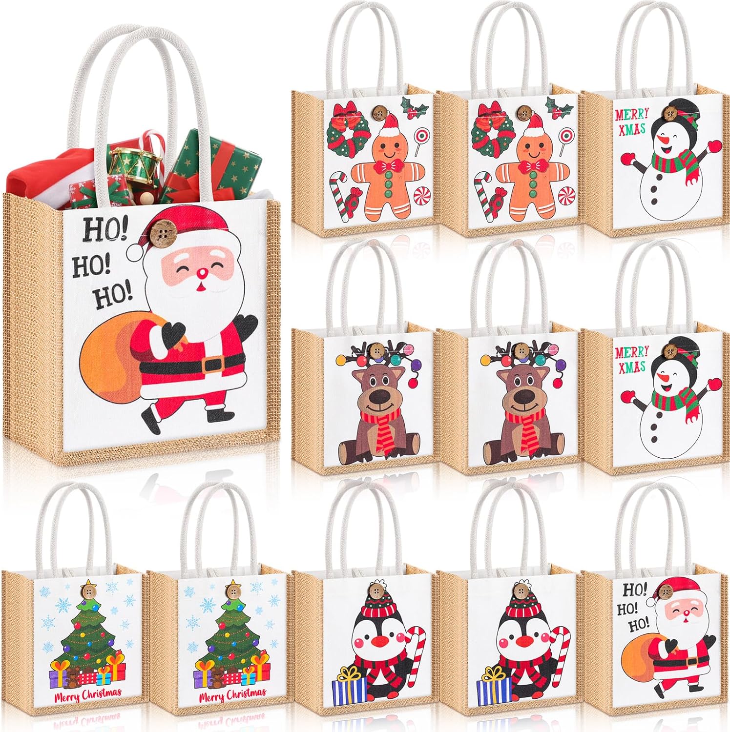 Abbylike 12 Pcs 6 Pcs Winter Snowflake Gift Bags Small Burlap Reindeer Snowman Party Favor Bag Christmas Wonderland Tote with Handle Button Reusable Goodie Candy Supplies for Holiday (Merry Christmas)