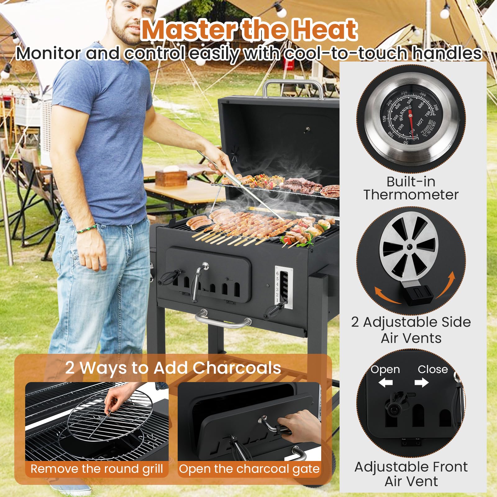 KOMFOTTEU Holzkohlegrill mit 2 klappbaren Seitentischen & Rädern, Grillwagen mit 6-fach-Holzkohlebehälter, Ablagefach, Grillrost, Thermometer, Rauchgrill Standgrill für outdoor