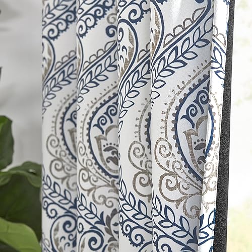 Miniatura 8 de jinchan - Cortinas 100% opacas de 90 pulgadas de largo, 2 paneles de medallón de damasco azul, para dormitorio, ojales, aislamiento térmico para