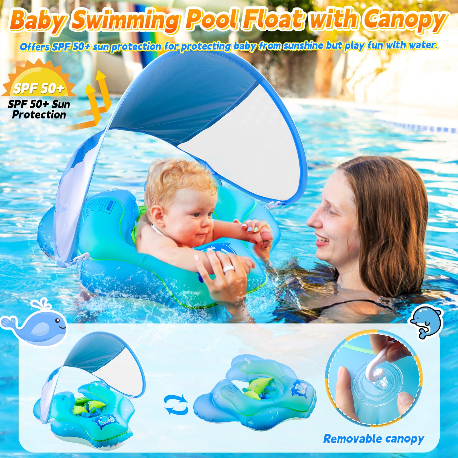Baby Swimming Float, Baby Pool Float with Canopy, Inflatable Whale Baby Swimming Ring with Safety Seat - Image 2