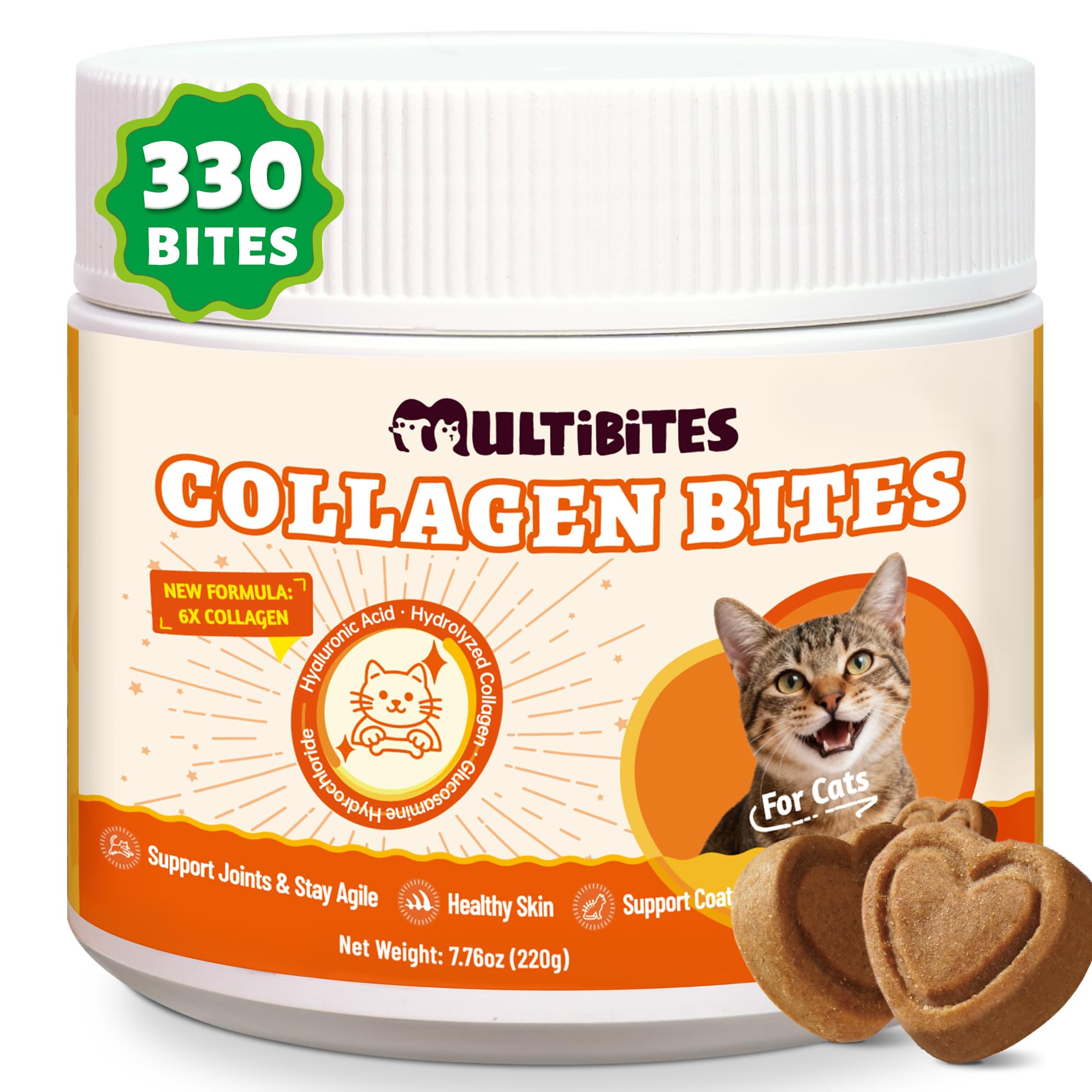 MULTIBITES 220g Collagen Bites for Cats - Cat Collagen Supplements with Glucosamine, Taurine & Omega 3 - Joint Health,Skin Coat & Immune support - Pet vitamins and supplements