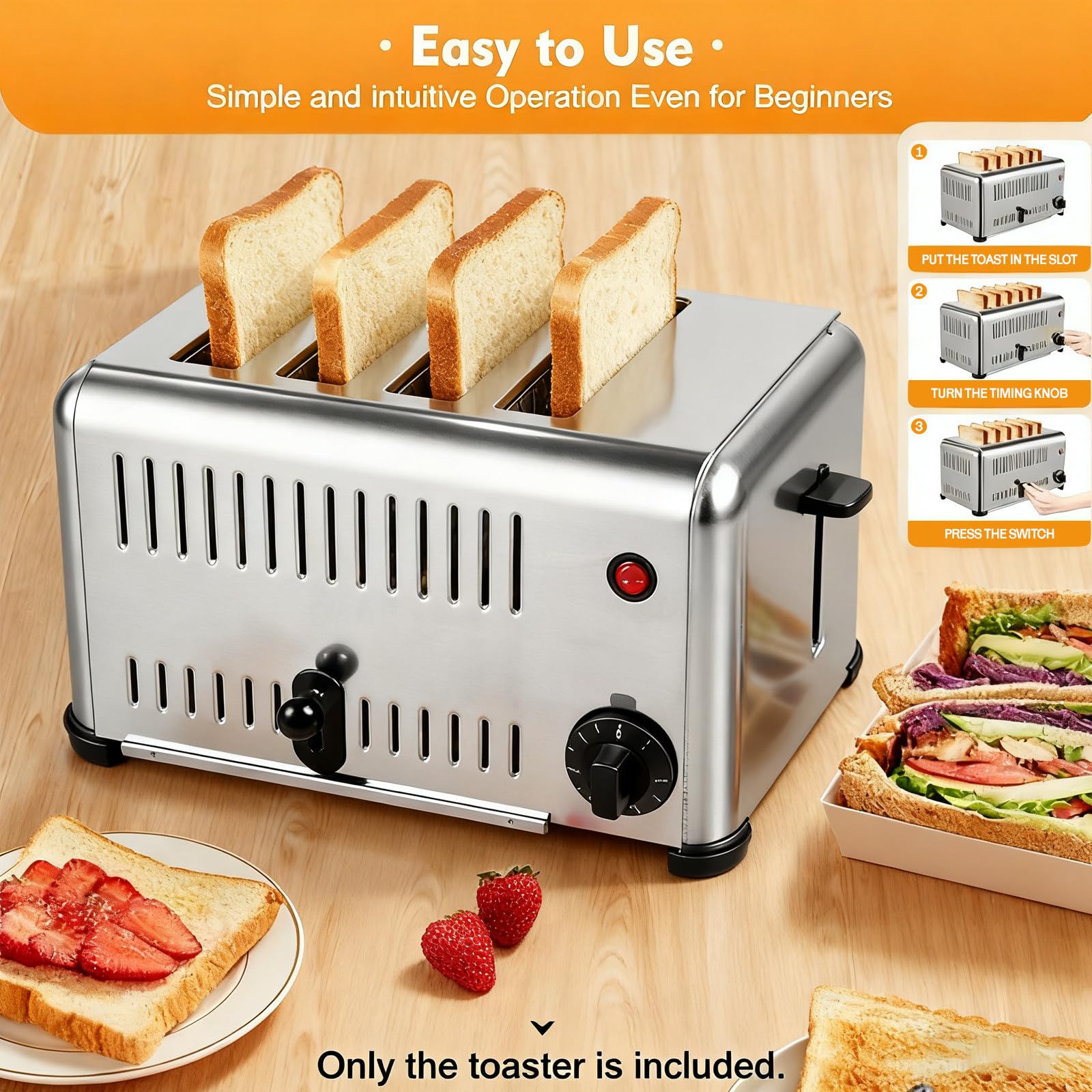 Tostadora comercial resistente de 4 ranuras, 2,24 kW de alta potencia, control de 5 vías, ranuras extra anchas para sándwiches y bagels, incluye bandeja para migas