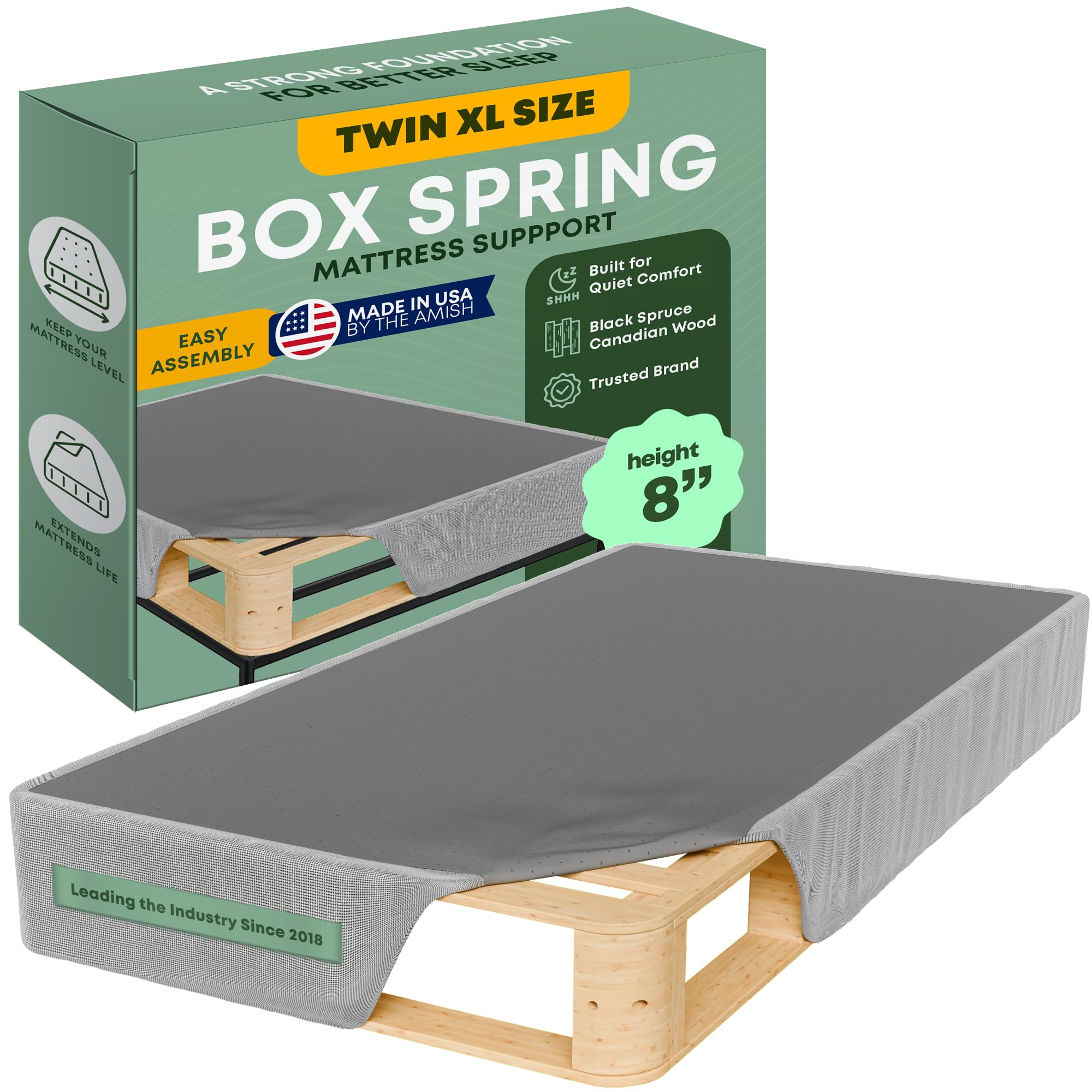Greaton, 8” Twin XL Box Spring Only for Twin XL Size Bed – Amish-Made in The USA – Solid Wood Mattress Foundation with Stable &amp; Quiet Support – Flat-Packed &amp; Easy Assembly