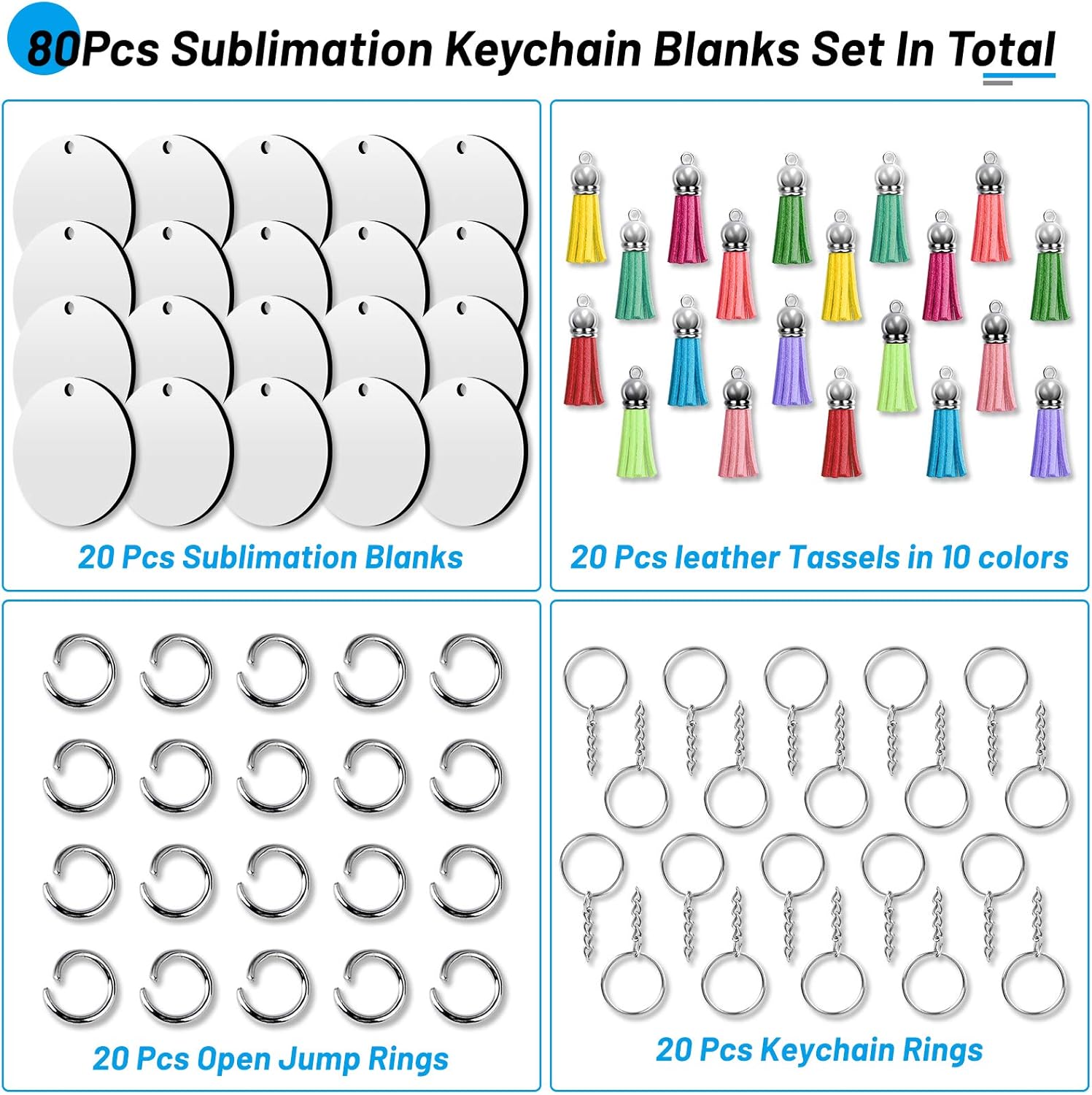 Sublimation Blanks Keychains Products, 80 PCS Keychains Tag Bulk with 2 Inch Heat Transfer Double-Side Round Coasters Blanks, Key Chains, Tassels, Jump Rings for Ornament Making DIY Art Craft Supplies - Image 4