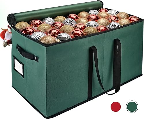 Caja de almacenamiento para adornos de Navidad, almacena hasta 128 adornos navideños, contenedor de almacenamiento de Navidad con bolsillo lateral,