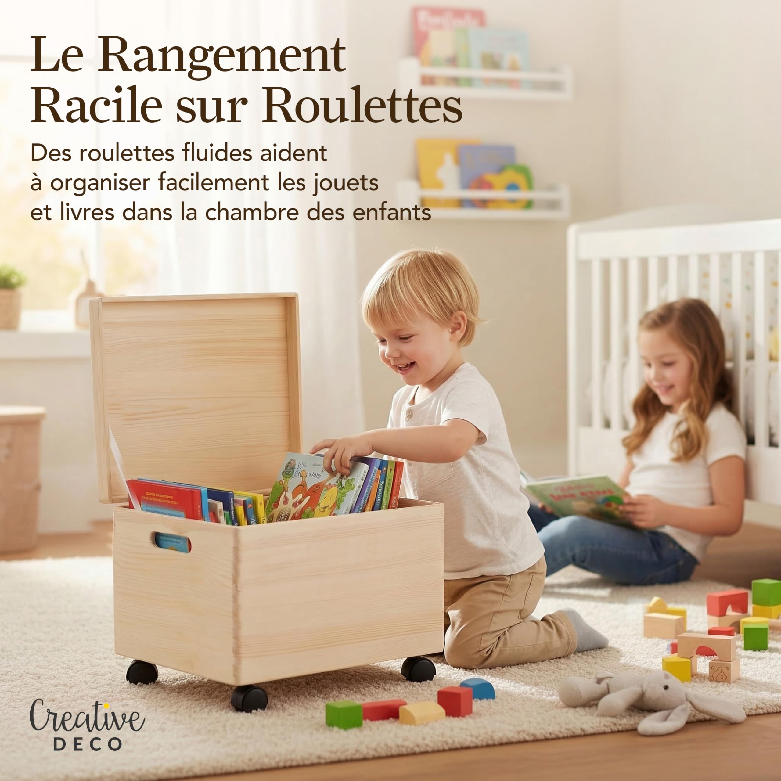 Creative Deco XXL Boite Rangement en Bois à Décorer | 40 x 30 x 24 cm (+/- 1 cm) | avec Couvercle | avec Roulettes | Boîte Grande Caisse Coffre Malle Outil | BRUT ET NON PONCÉ