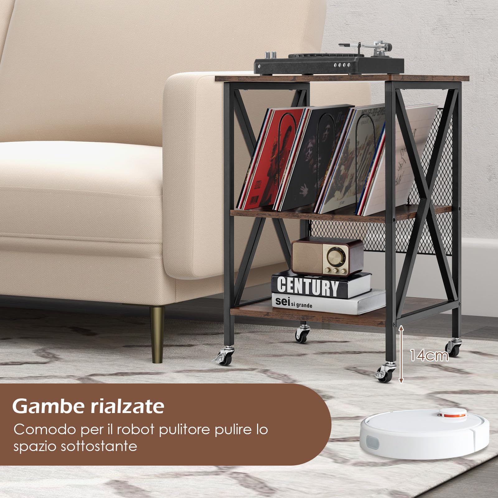 GYMAX Mobiletto Divano Laterale Stretto, 3 Livelli, con Mensole per Dischi in Vinile con 3 Divisori a Forma di M e 4 Ruote, 52 x 45 x 75 cm, Marrone Rustico