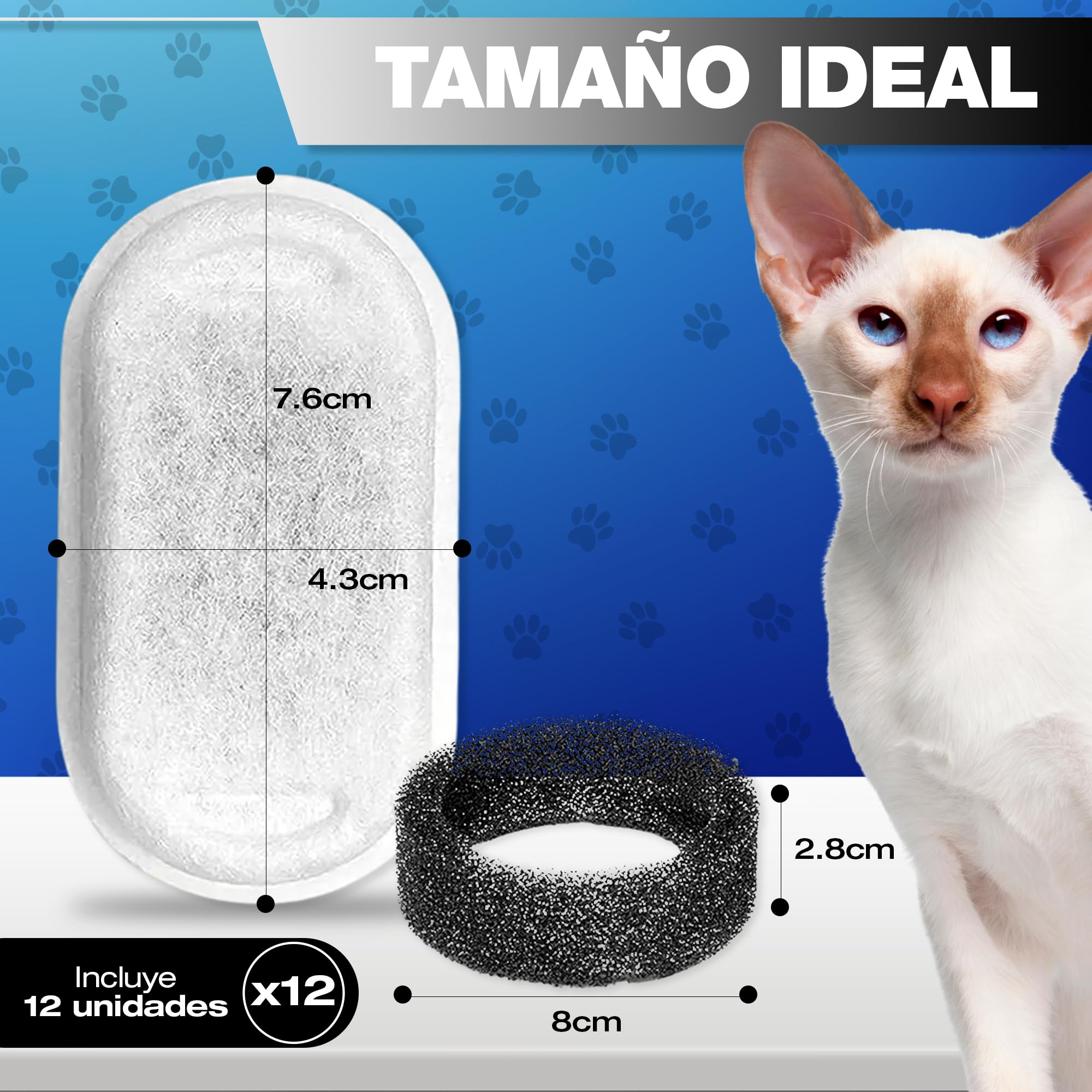 Filtros Fuente Gatos 8 uds – 4 Filtros de Carbón Activo + 4 Esponjas – Filtro Fuente para Gatos de Triple Capa – Recambios – Reduce Cloro y Olores – Compatible Acero Inoxidable y Plástico