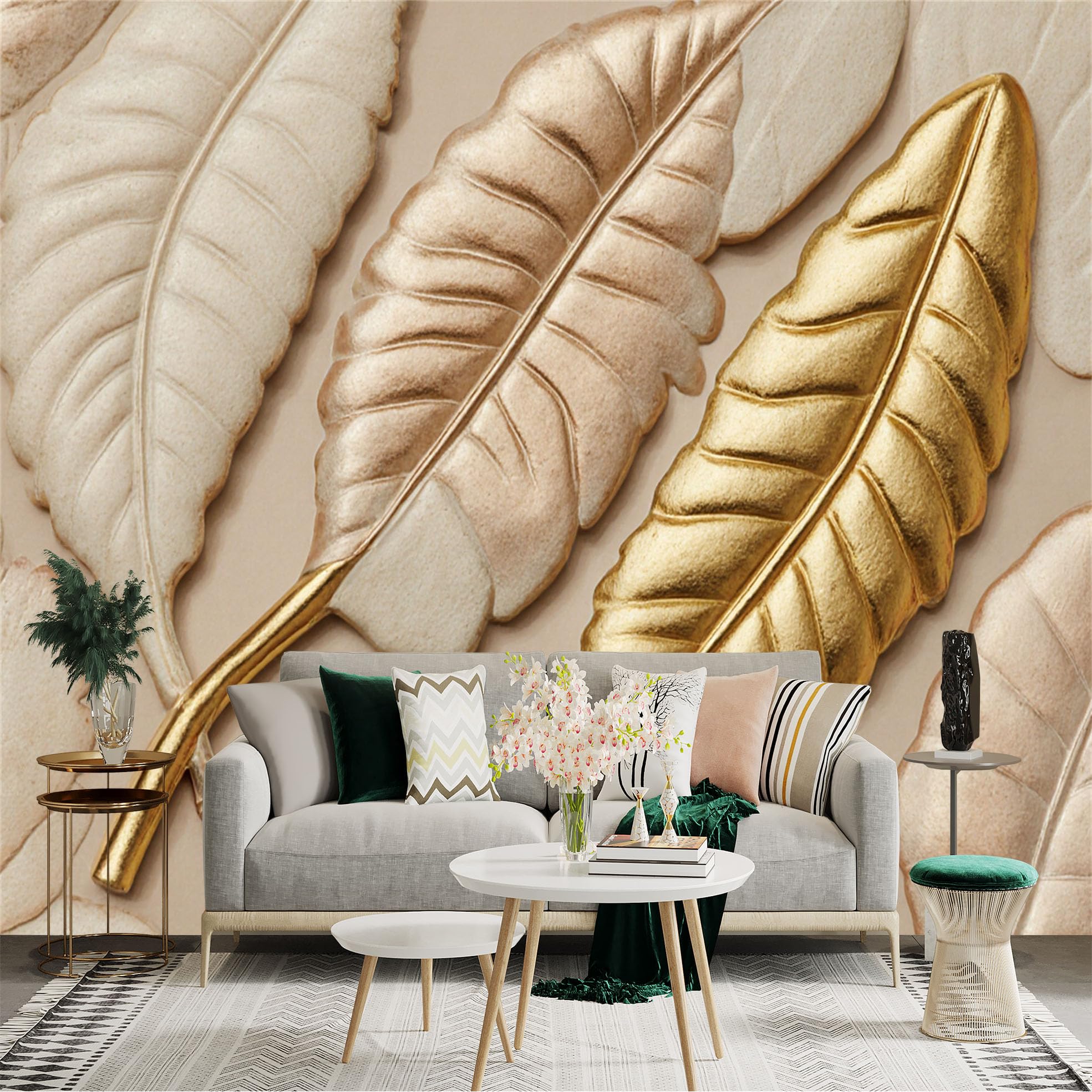 Custom Size Wall Sticker Mural， Abstract Golden Leaves， Metallic Textured Foliage， Minimalist Botanical Art， for wall Decoration， peelandstick wall Decals.