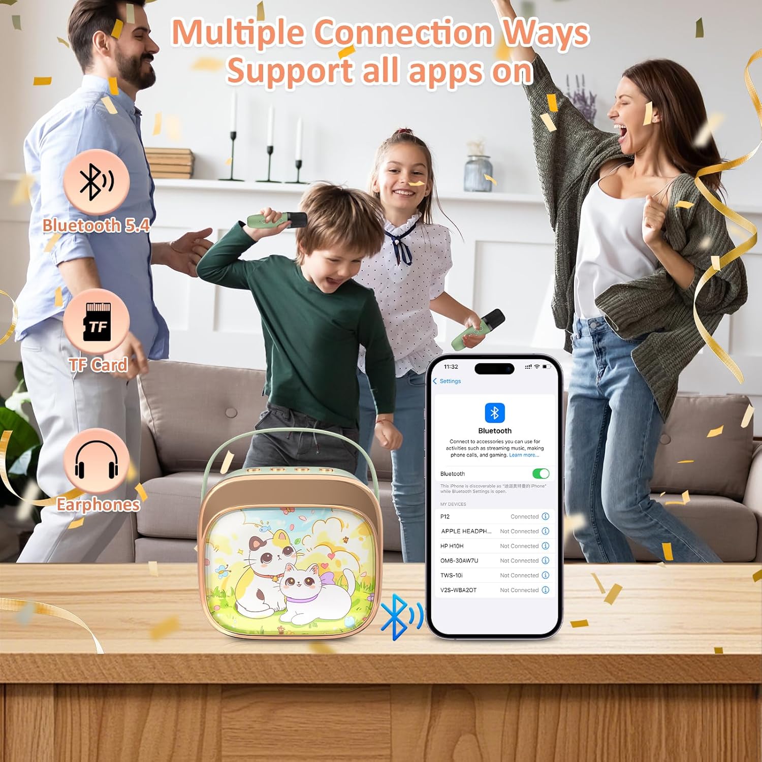 J&D Mini Karaoke Machine for Kids Adults, Portable Bluetooth Speaker with 2 Wireless Mics and Cat Sticker for Girls Boys Age 3–10 Birthday Gifts Princess Toys, Colorful LED, Green - Image 4