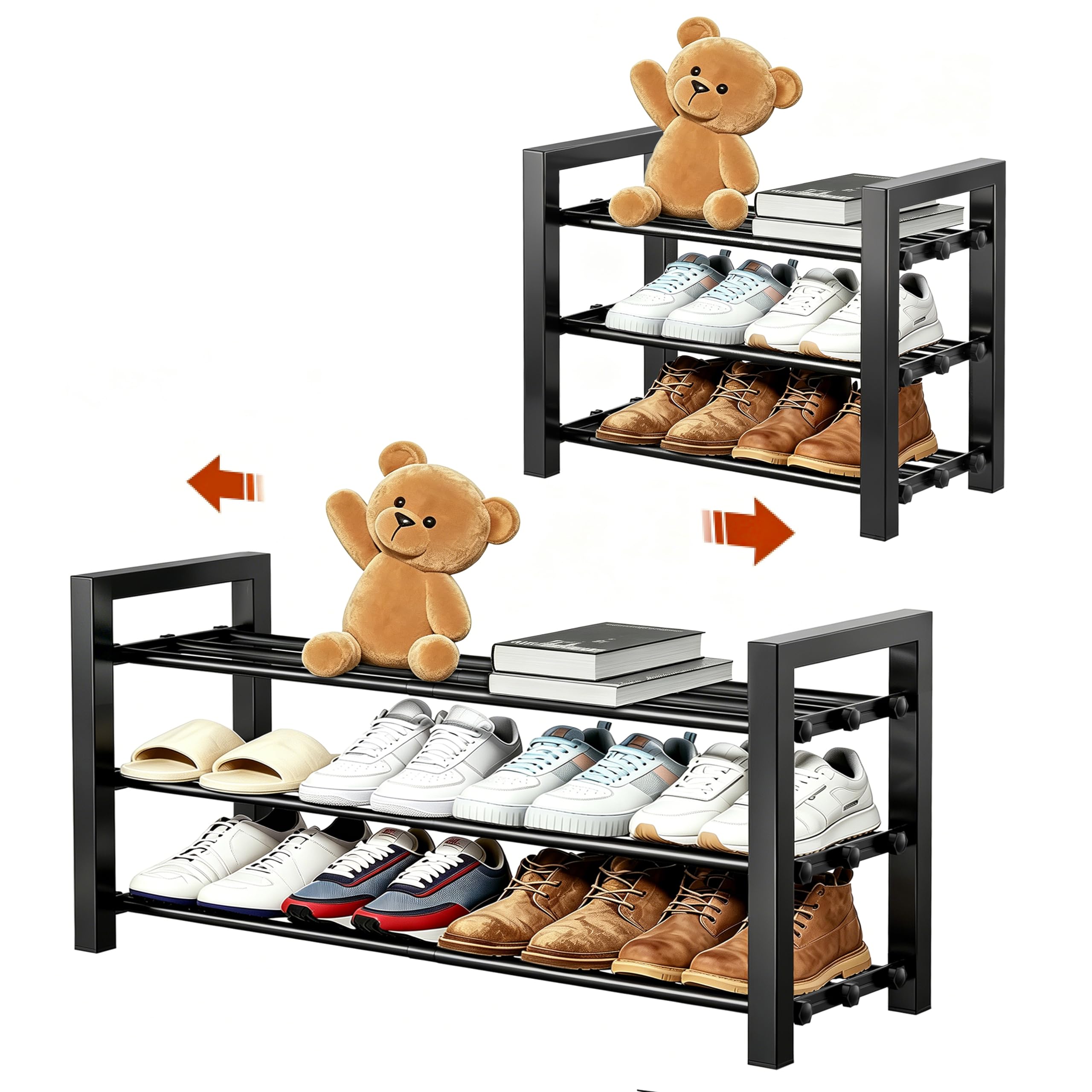 Upgraded 3-Tier Expandable Shoe Rack, Adjustable Shoe Shelf Storage Organizer Heavy Duty Metal Free Standing Shoe Rack for Entryway Closet Doorway (Black)