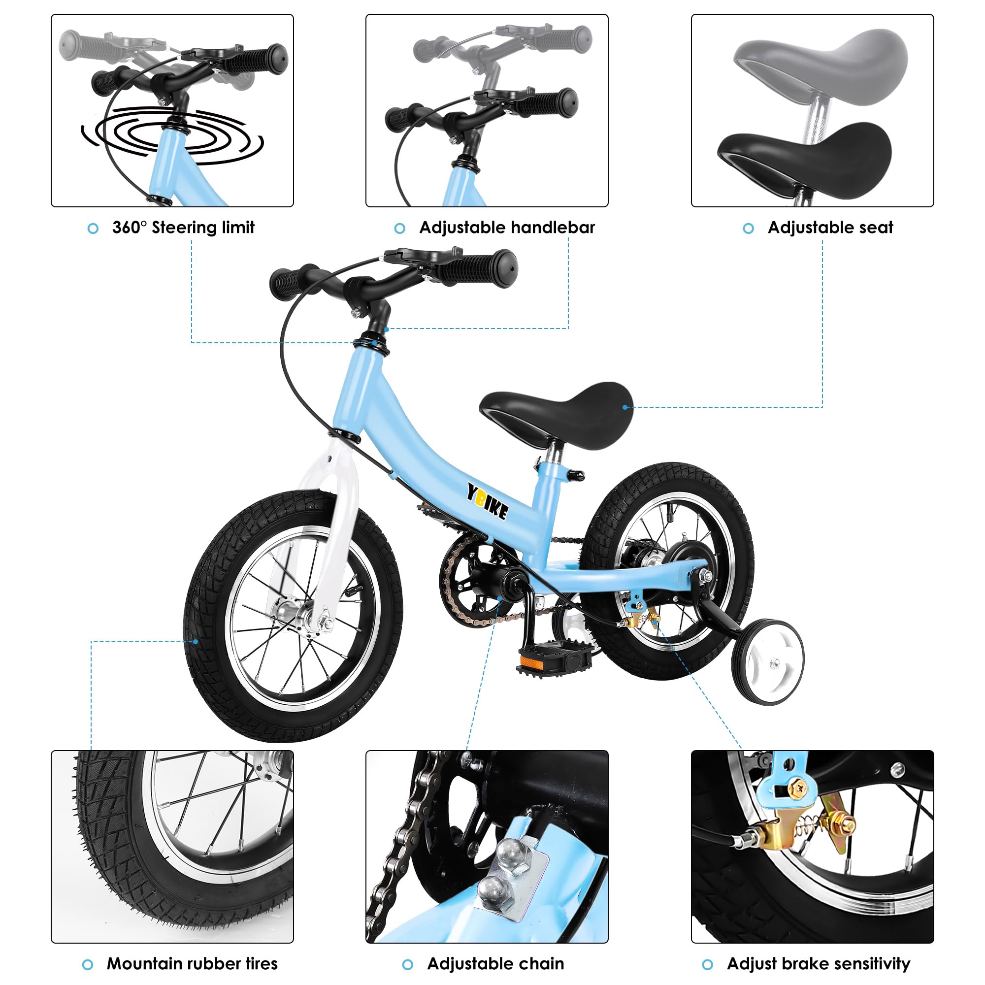 Ybike 2 in 1 Bicicletta Senza Pedali,Funzione a Doppio Uso Bici Senza Pedali, Adatto Per Bambini da 2 a 7 Anni, 12, 14, 16 Pollici Con Freno, Pedale, Teoria Di Formazione