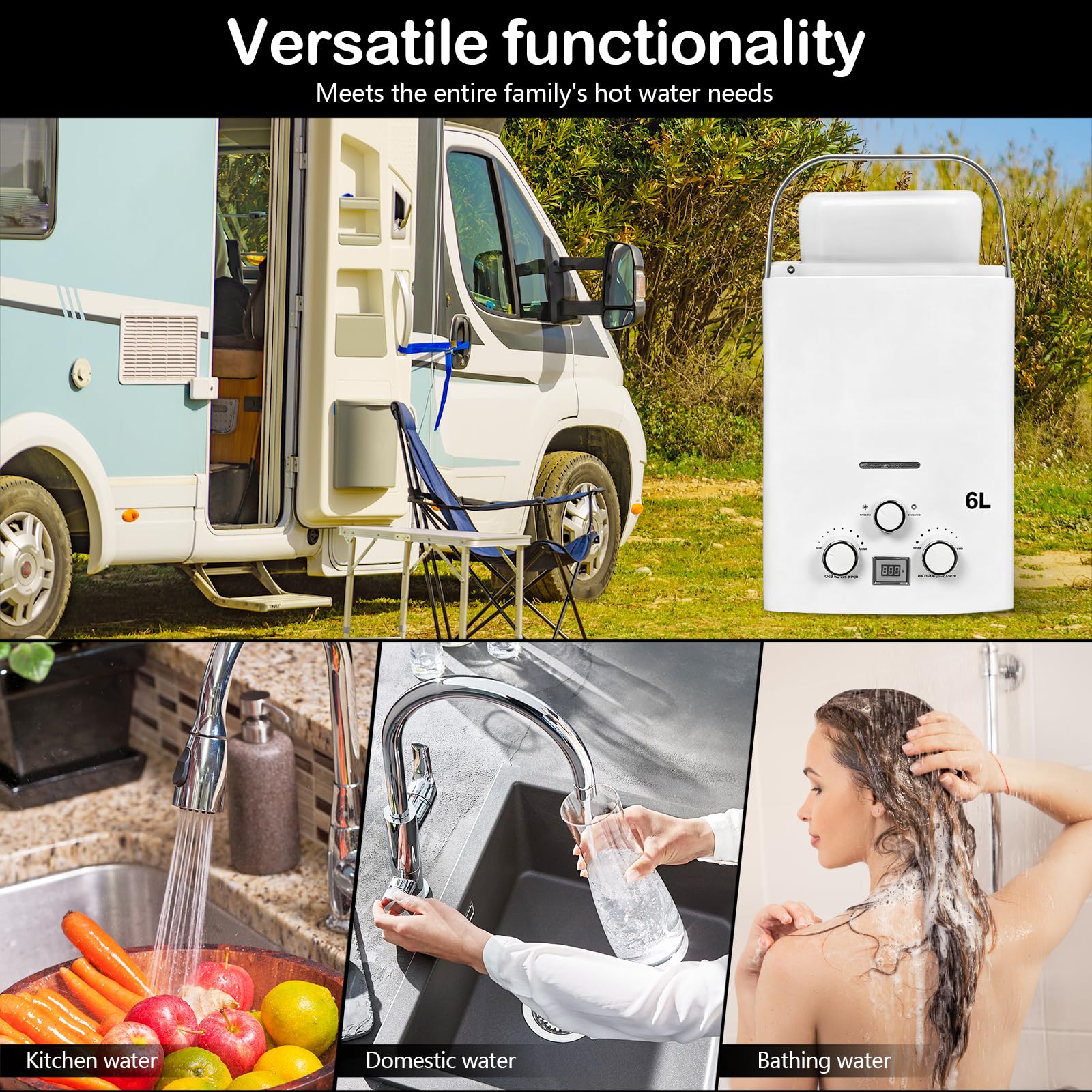 Durchlauferhitzer 6l, 12KW Durchlauferhitzer Gas Tragbarer Wohnmobil Camping Mobiler Warmwassergerät mit Griff und Duschkopf für Außendusche Garten Camping Dusche Caravan 40x30x13cm