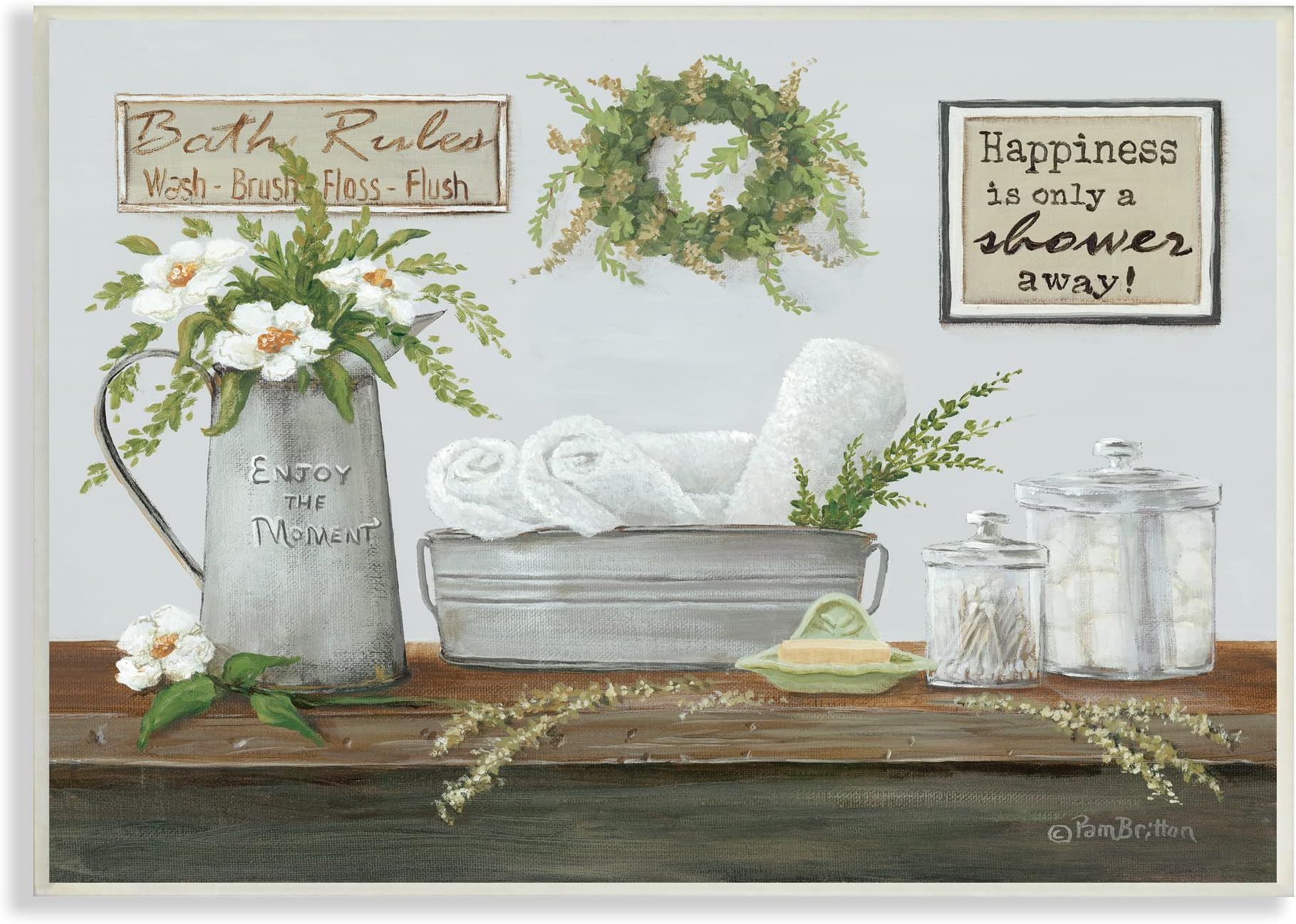 Stupell Industries Farmhouse Bathroom Counter Still Life Motivational Phrases Wall Plaque, 19 x 13, Blue