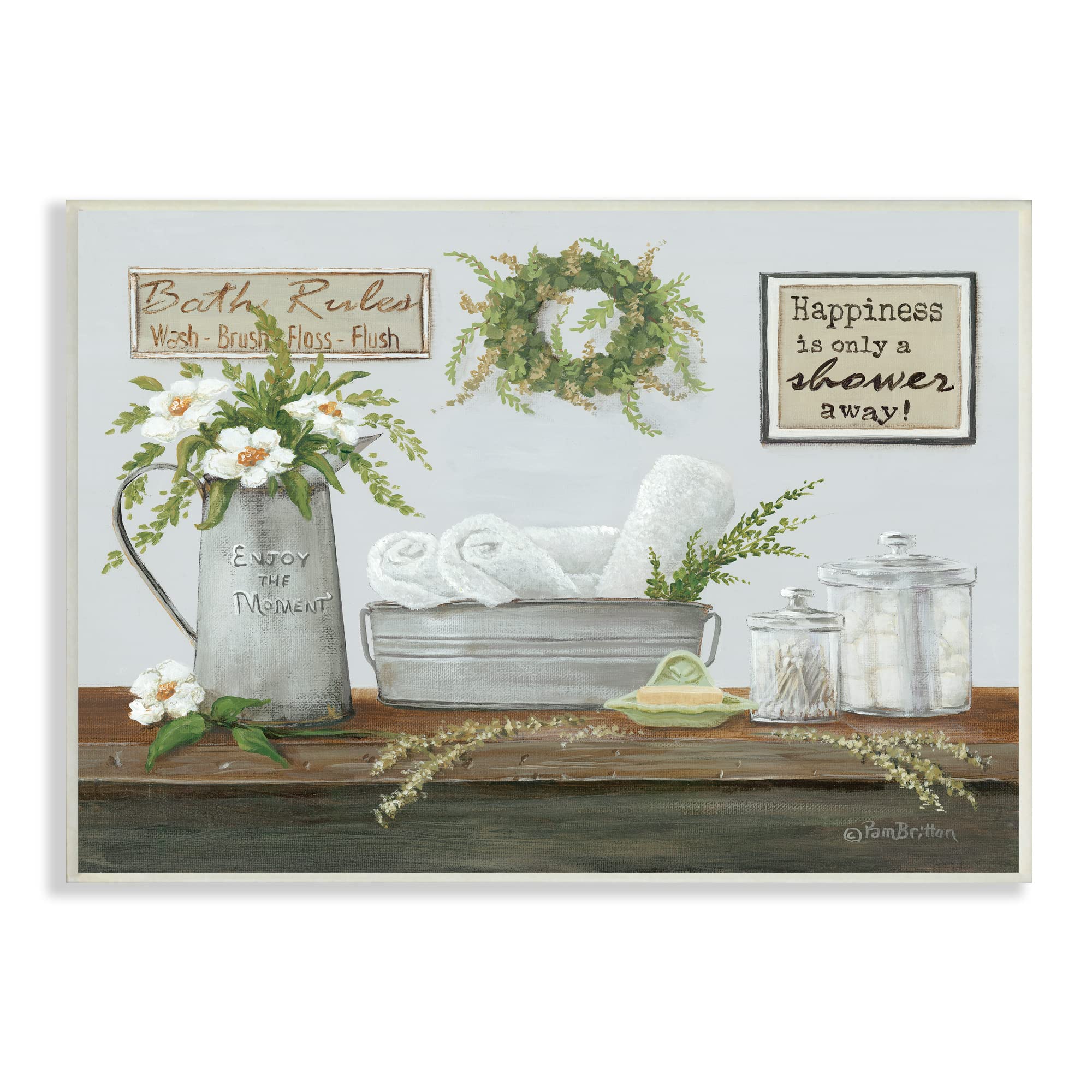 Stupell Industries Farmhouse Bathroom Counter Still Life Motivational Phrases Wall Plaque, 19 x 13, Blue