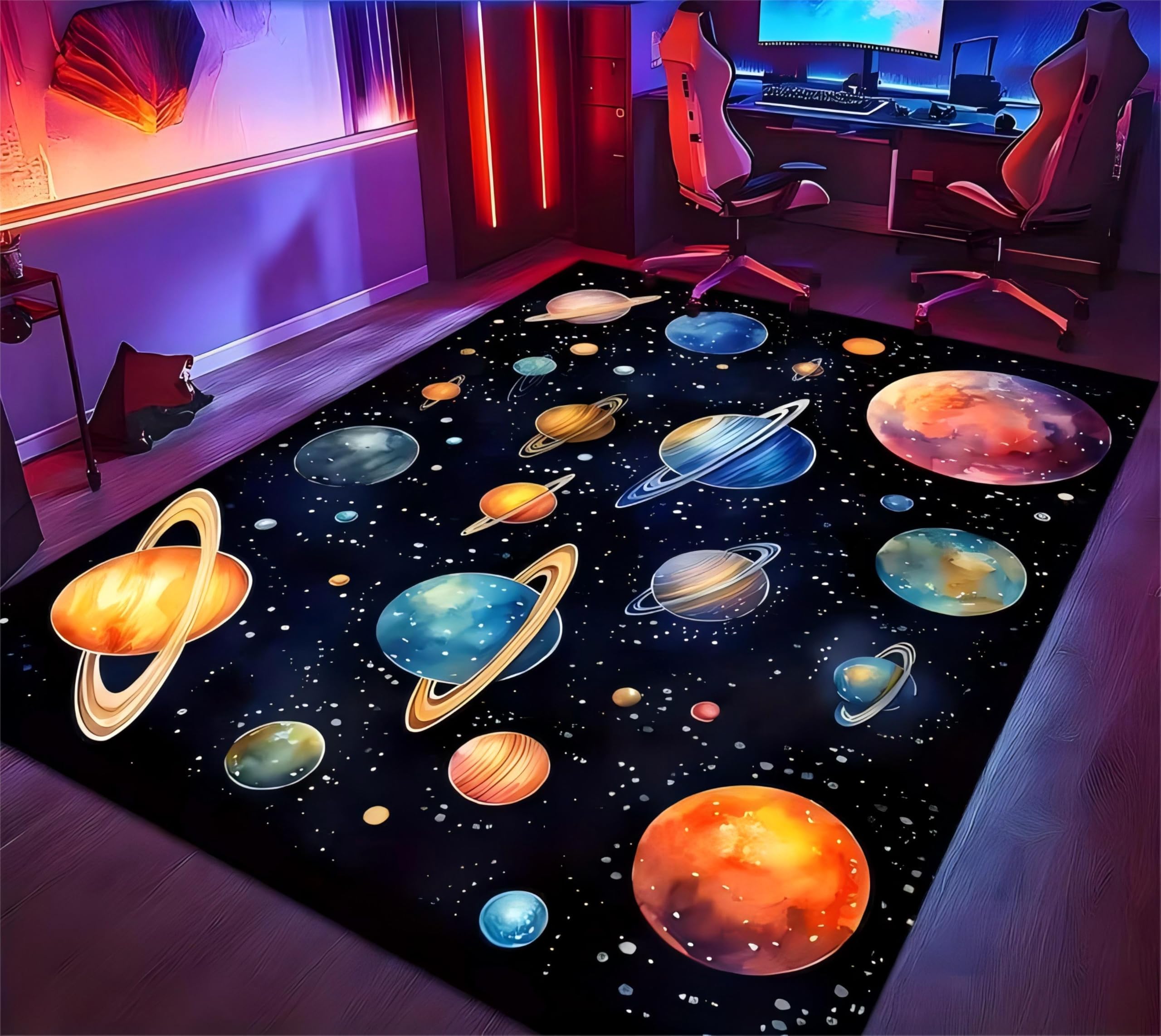 Kuluoits Colorful Planet Area Rug, 60x110cm Galaxy Space Theme Starry Sky Planet Print Rug, Soft, Non-slip, and Washable Rug for Children, Teenagers, Boys' Playrooms, Bedrooms, Floor Carpet Mats