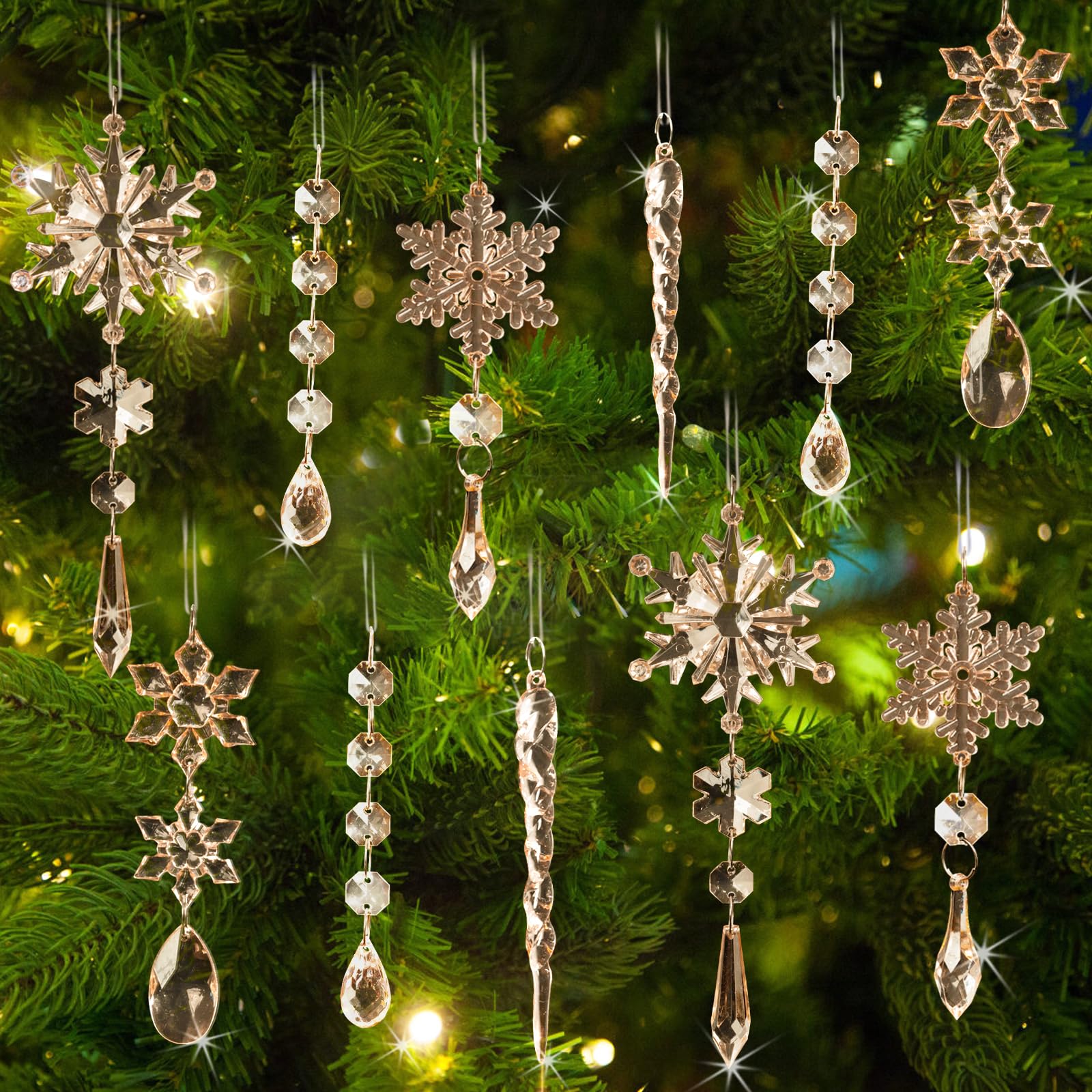GuassLee 36pcs Crystal Christmas Tree Ornaments - Champagne Color Acrylic Snowflake Icicle Drop Crystal Hanging Ornaments for Christmas Tree Wonderland Frozen Themed Birthday Party Decor