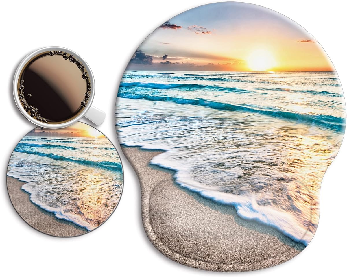Ergonomic Mouse Pad with Wrist Support Rest,Large Mousepad Gel Wrist Rest, with Coaster Non-Slip & Pain Relief for Computer, Desk, Home&Office-Beach : Office Products