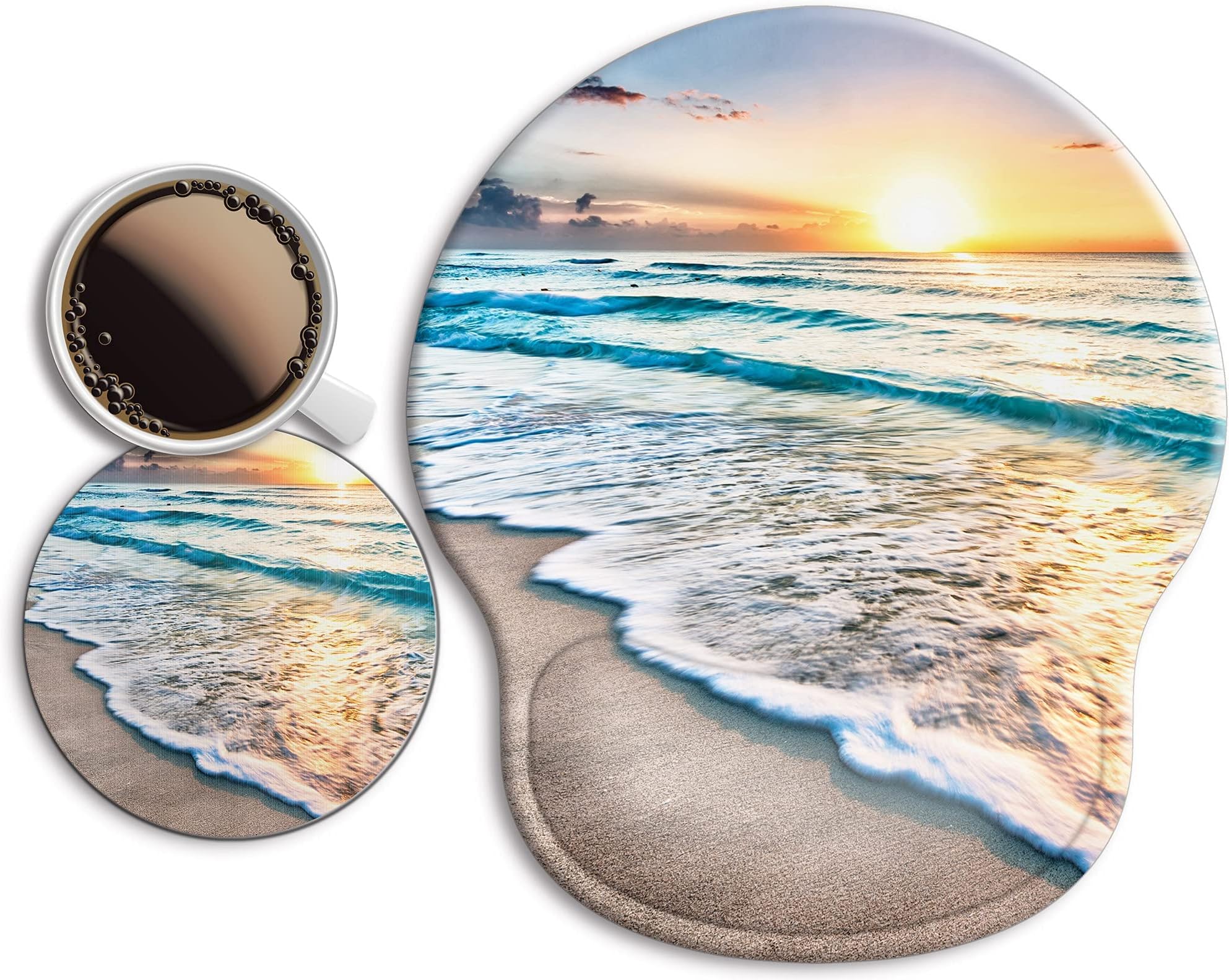 Ergonomic Mouse Pad with Wrist Support Rest,Large Mousepad Gel Wrist Rest, with Coaster Non-Slip & Pain Relief for Computer, Desk, Home&Office-Beach