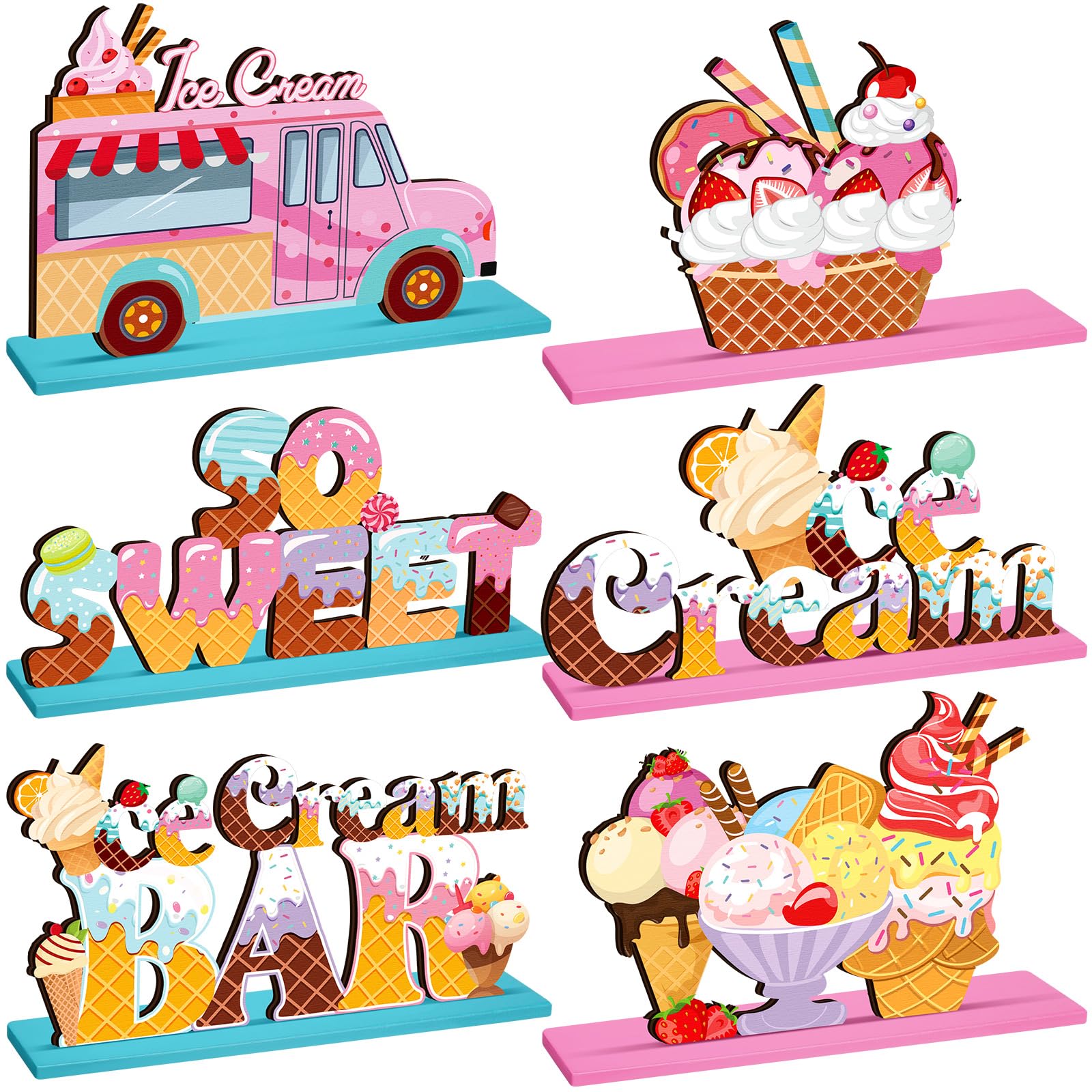 6 Pcs Ice Cream Table Wooden Decorations Ice Cream Sign Centerpiece Summer Home Decor Bar Party Decorations for Kids Birthday Party Summer Wedding Supplies