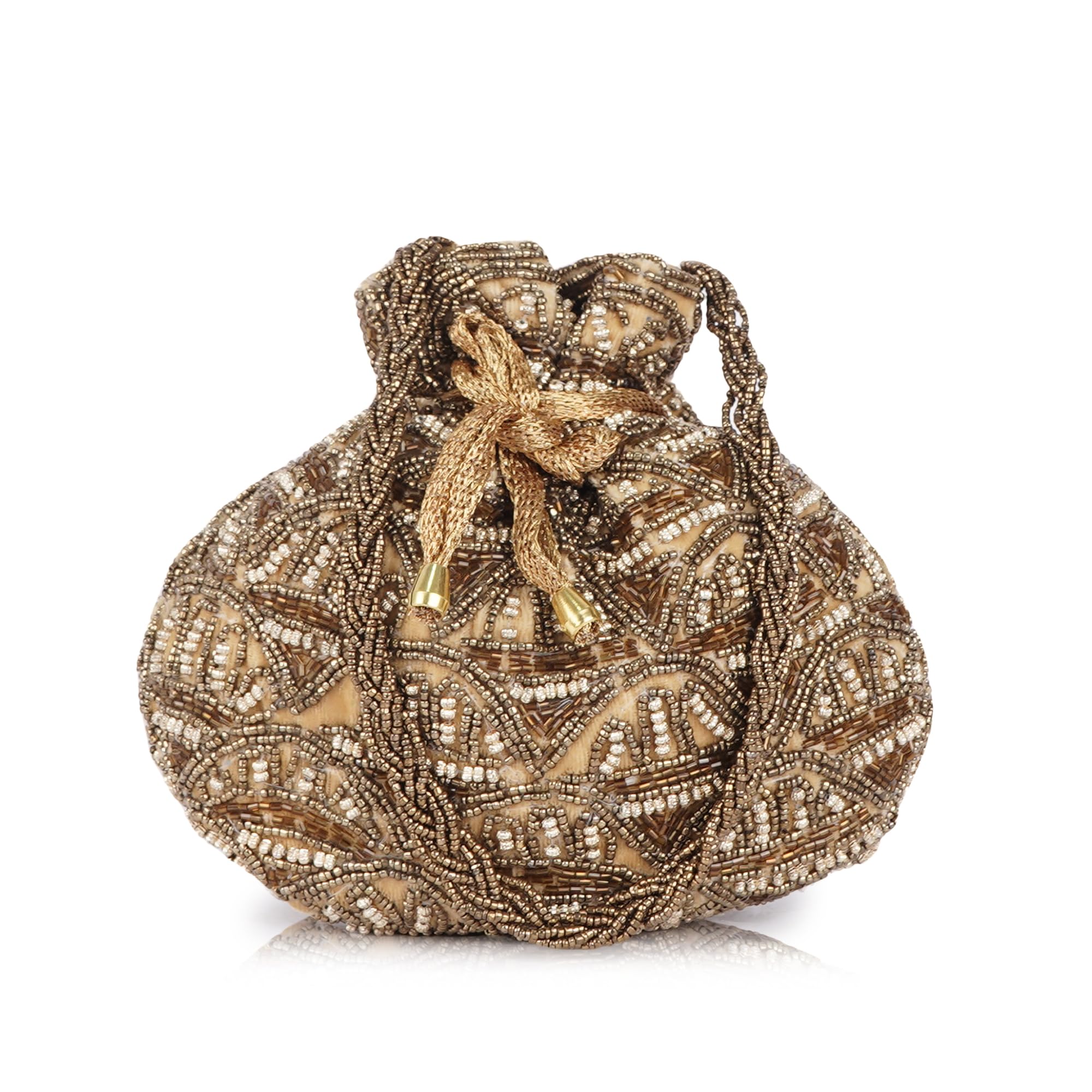 Silk Fabric Beaded Potli Bag with Gold Embellished Drawstring and Intricate Handcrafted Design For Women