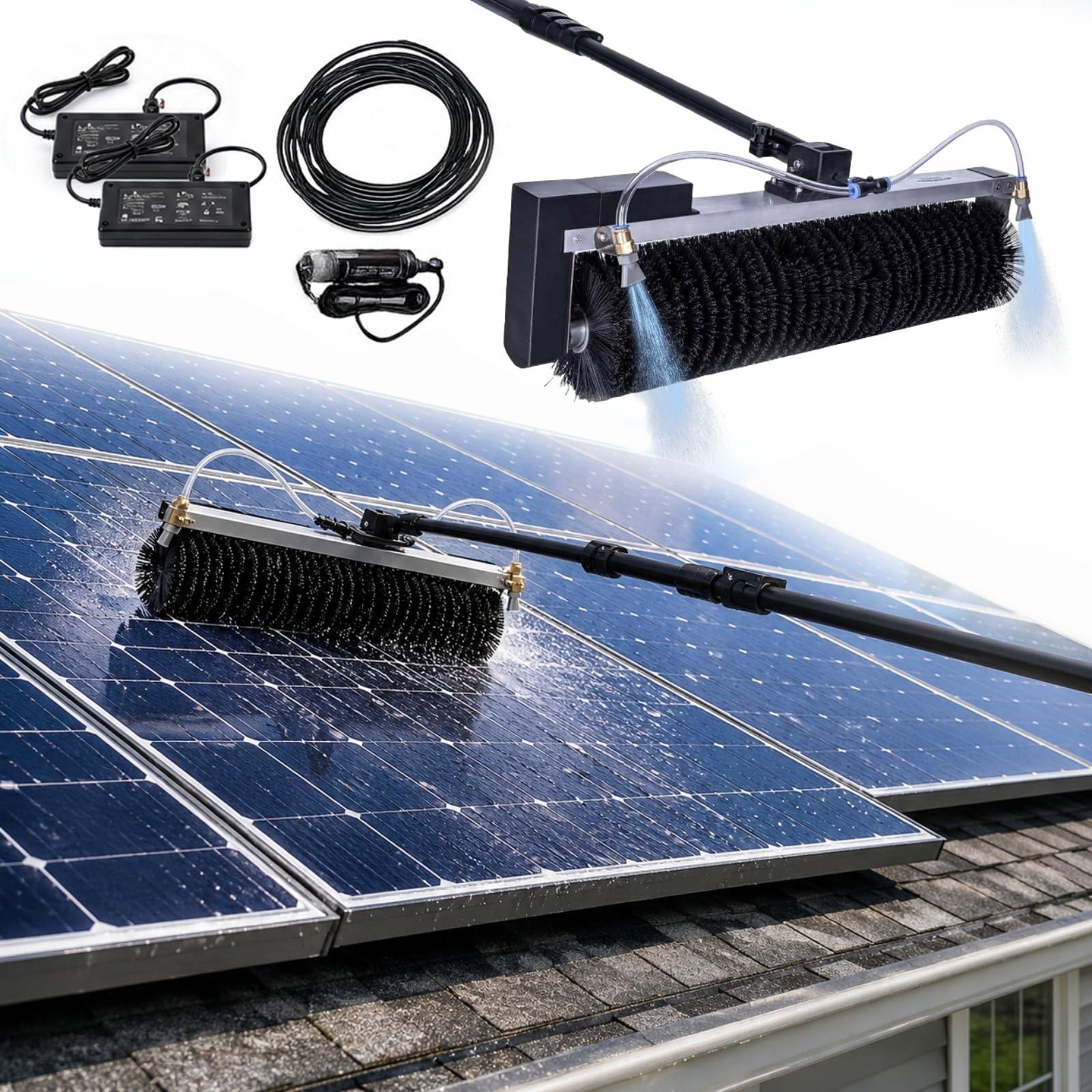 Electric Solar Panel Cleaning Brush Kit, 60cm Rotating Nylon Brush Head, 150W Brushless Motor, Telescopic Aluminium Pole 3.5m/5.5m/7.5m, Dual Water Spray Nozzles for PV Panel Cleaning 7.5m/25ft