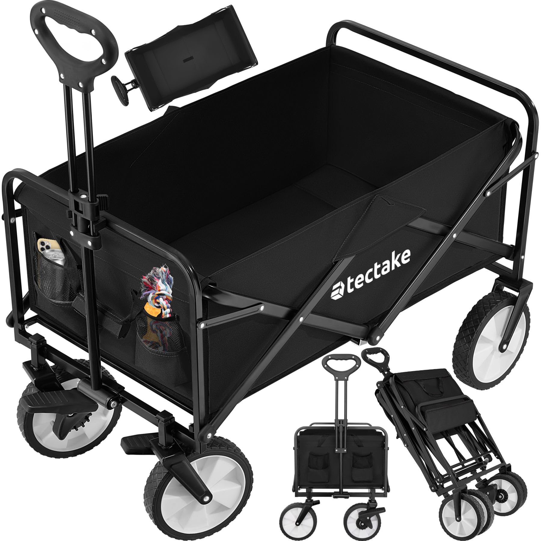 tectake® Carro Plegable para Jardín, Carro Transporte en Acero, Carrito Playa con Asa Telescópica, Carretilla Jardín con Lona Extraíble, Carro Camping Multiuso con Bolsa Transporte, Carga 80 kg, Negro
