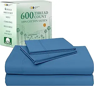 California Design Den Natural 100% Cotton Bed Sheets Full Size Set - Luxury 600 Thread Count Sateen, Hotel Quality Cooling Sheets, Fully Elasticized Deep Pockets, Crisp and Durable - Parisian Blue