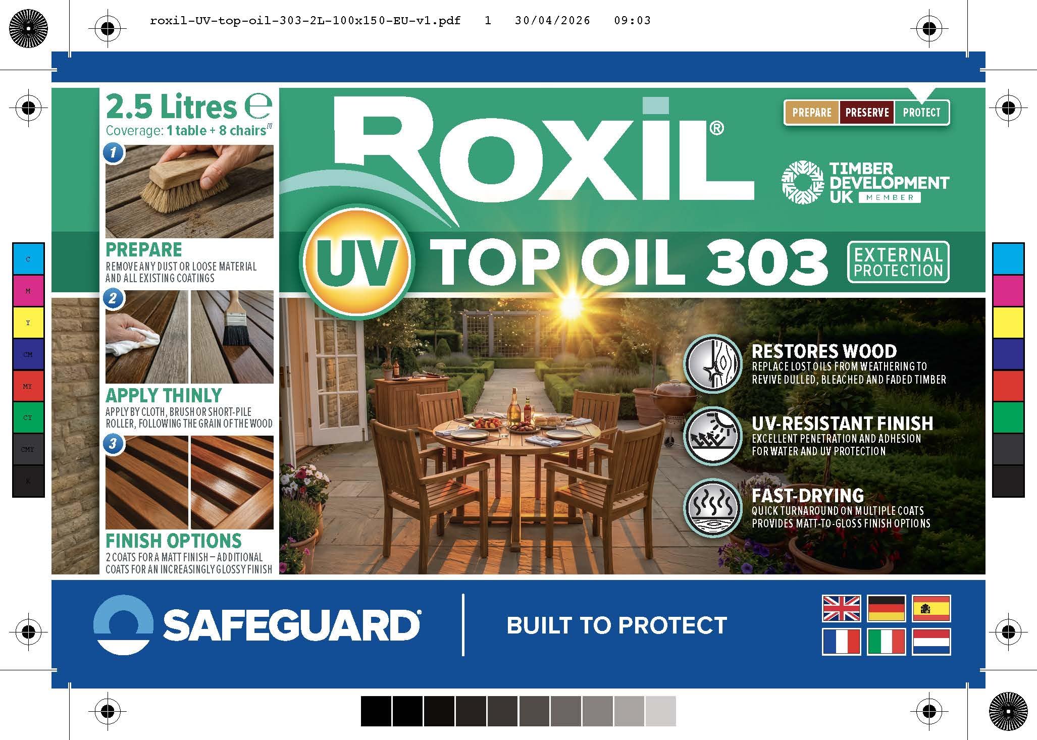 Roxil UV Olio per Legno - Olio per Legno da Esterno - Pronto all'Uso Resistente ai Raggi UV, Impregnante Impermeabilizzante per Legno da Esterno, Cura del Legno Esterno