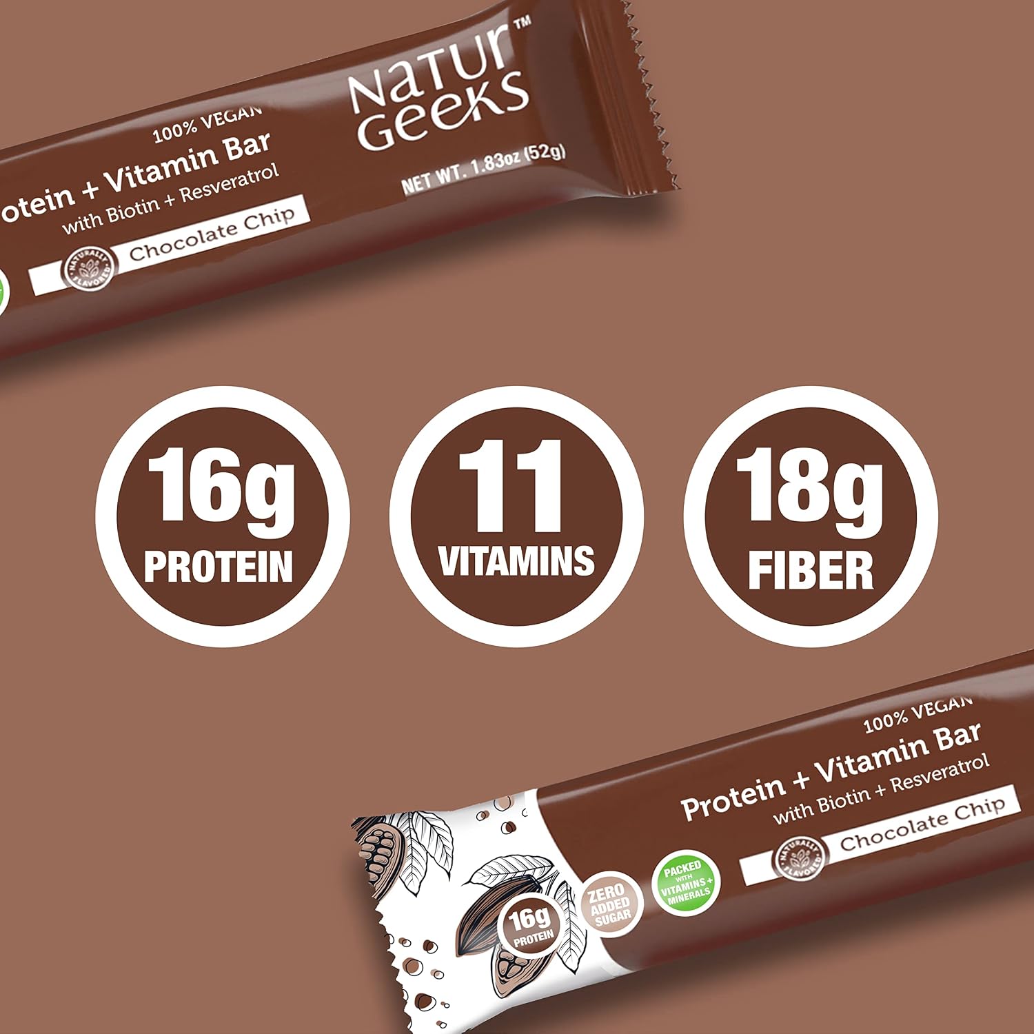 NaturGeeks Vegan Protein Bar with 16g Protein, 11 Vitamins, Magnesium & Zinc for Immune Support, Gluten Free Dairy Free Healthy Snacks, Meal Replacement, No Added Sugar, Chocolate Chip