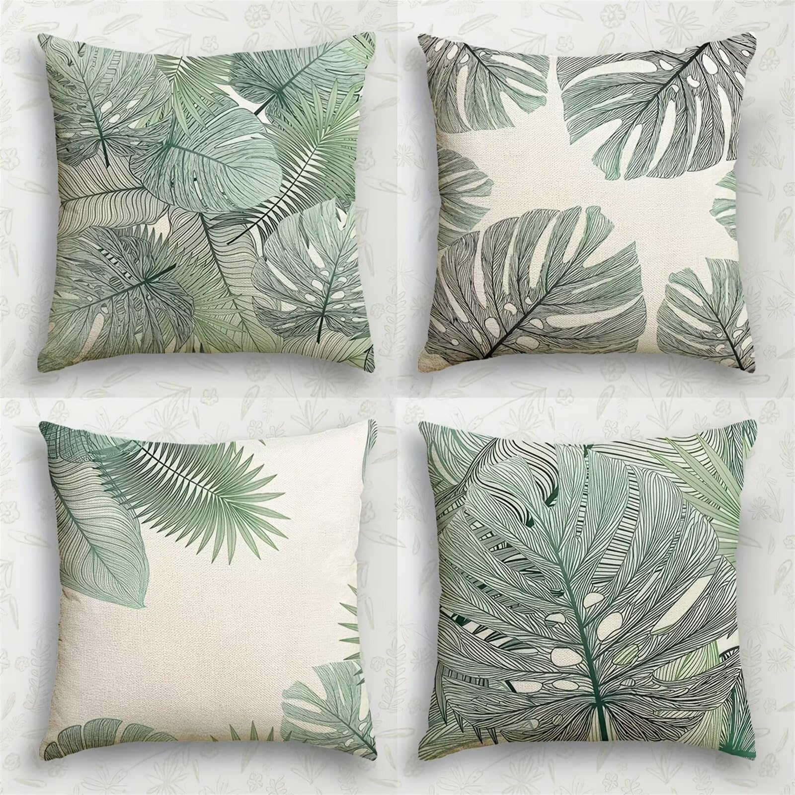 QiHon Cushion Covers 30x30 cm Set of 4 Sage-Green Leaves Linen Square Pillow Cases 12x12 inch Modern Decorative Throw Pillow Covers for Sofa Couch Bedroom Home Office with Invisible Zipper