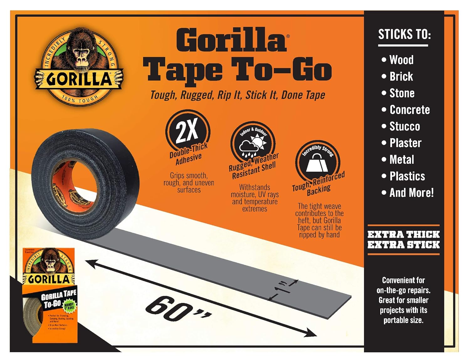 Gorilla Tape To-Go, Double Thick Adhesive, Weather Resistant Shell, Reinforced Backing, Travel Size Roll, Black, 1in x 30ft (2.5cm x 9.14m) Pack of 1 - Image 4