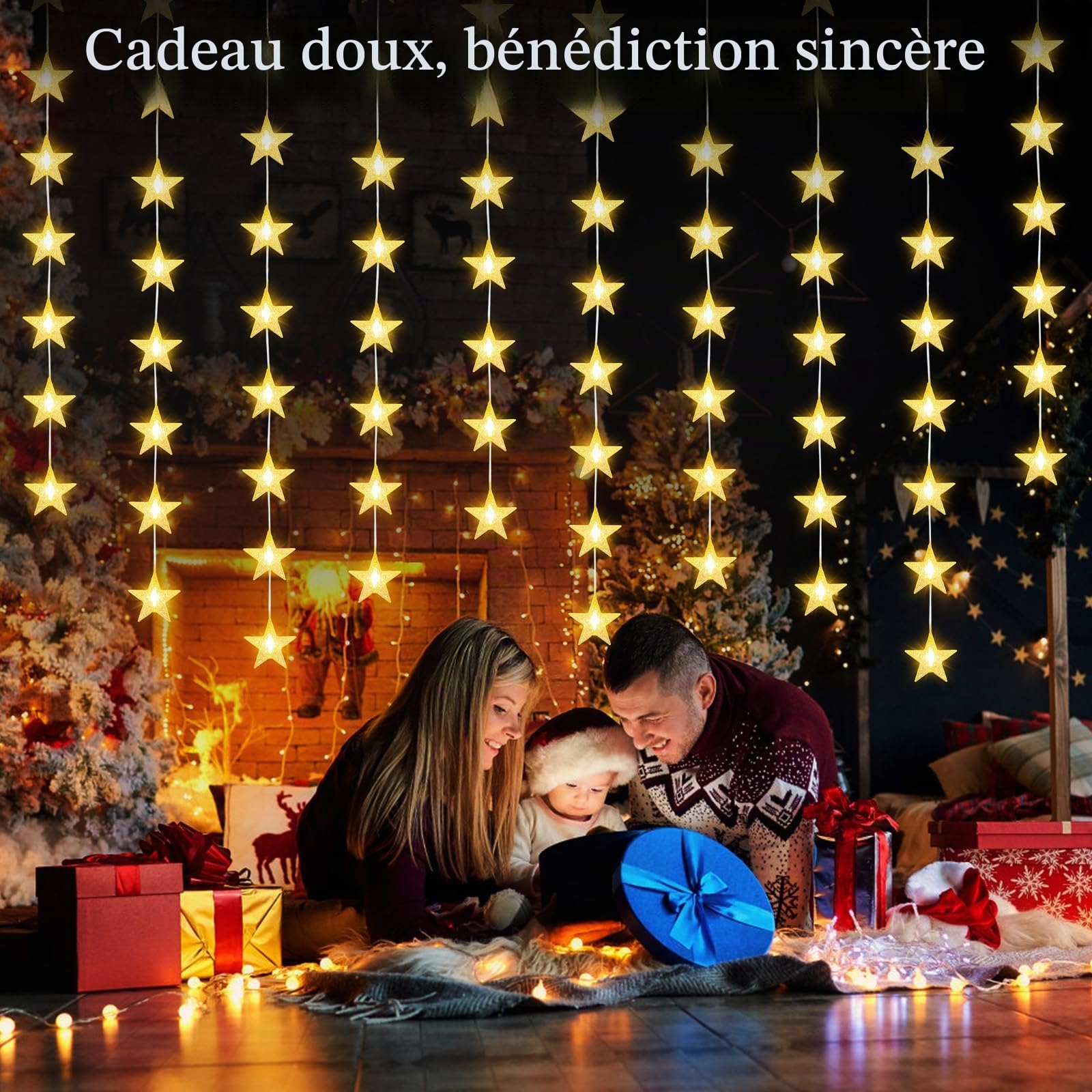 Lewondr 40 LED Guirlande Lumineuse Rideau De Noël, 6PCS Guirlandes Suspendues Avec Minuterie 6H & 8 Modes, Guirlande Sur Piles Pour Décoration Intérieure Chambre Noël Mariage Fête, Lumière Chaude