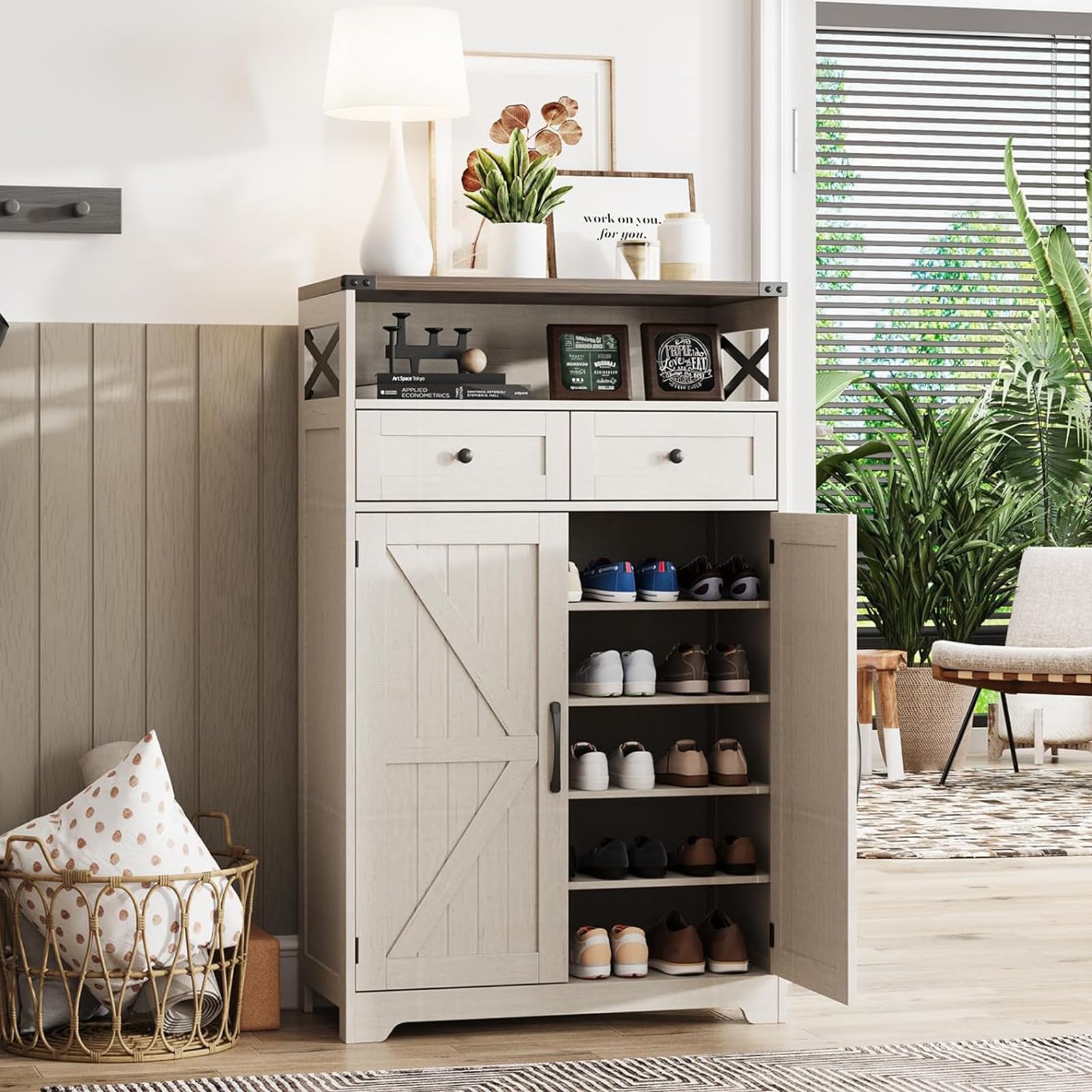 Maupvit Shoe Cabinet with Doors, 6-Tier Farmhouse Shoe Storage Cabinet with 2 Drawers & Adjustable Shelves, Shoe Cabinet Storage for Entryway, Wood