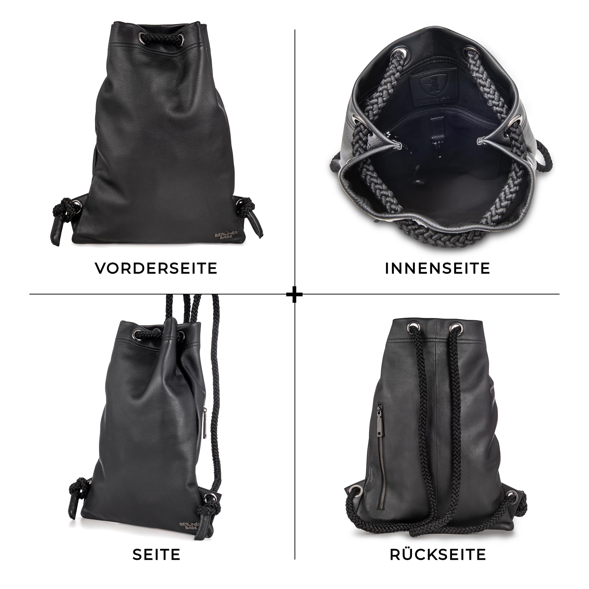 Berliner Bags Premium Turnbeutel Gym Bag aus Leder, Sportrucksack mit Kordelzug für Damen und Herren - Schwarz