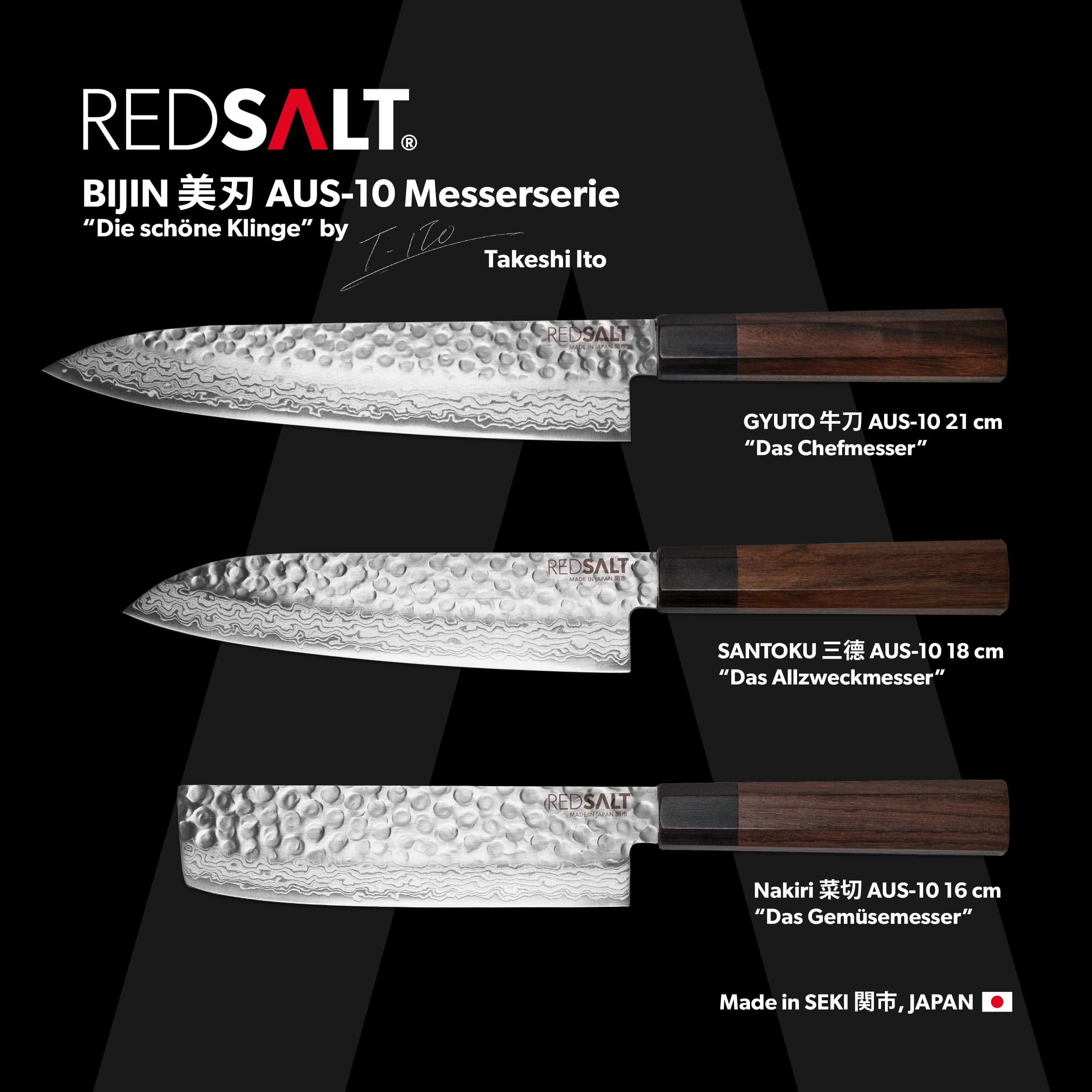 REDSALT® Professional Series GYUTO - Cuchillo de chef (21 cm, acero de damasco, hecho a mano en Japón, con vaina y funda de piel, hoja de damasco, cuchillo de cocina
