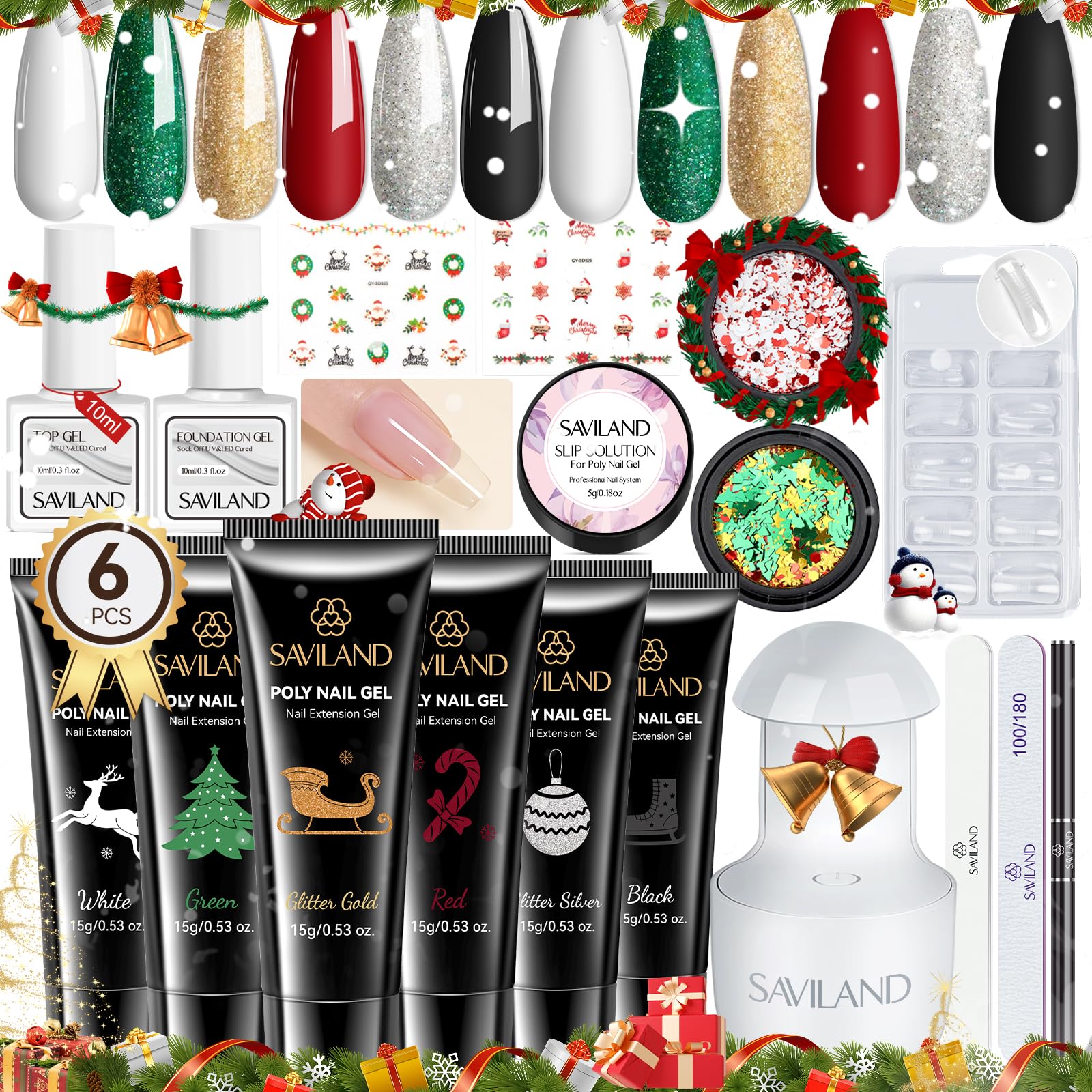 SavilandEid PolyGel Kit - 6 Luxe Colors with UV Lamp,Base/Top Coat & Golden Tools,Nail Extension Set for Home Salon, Ramadan Gifts & Eid Celebrations (6PCS)