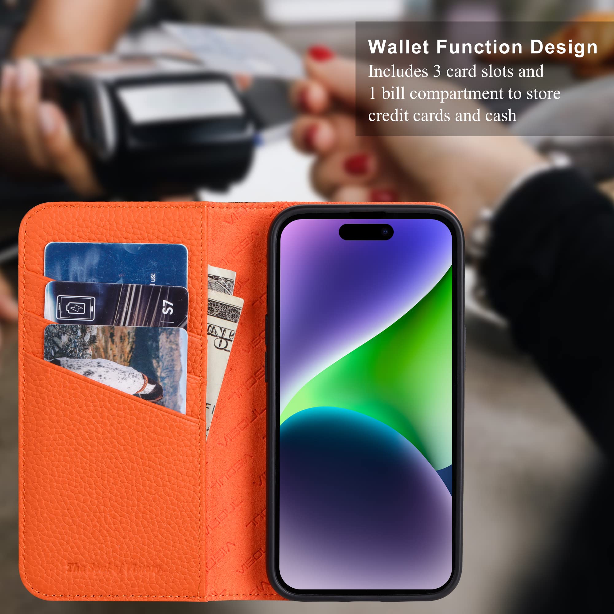 VISOUL Ledertasche Für IPhone 14 (6,1 Zoll) – Mit Kartenhalter, Ständer-Funktion & RFID-Schutz, Kohlefaser-Optik